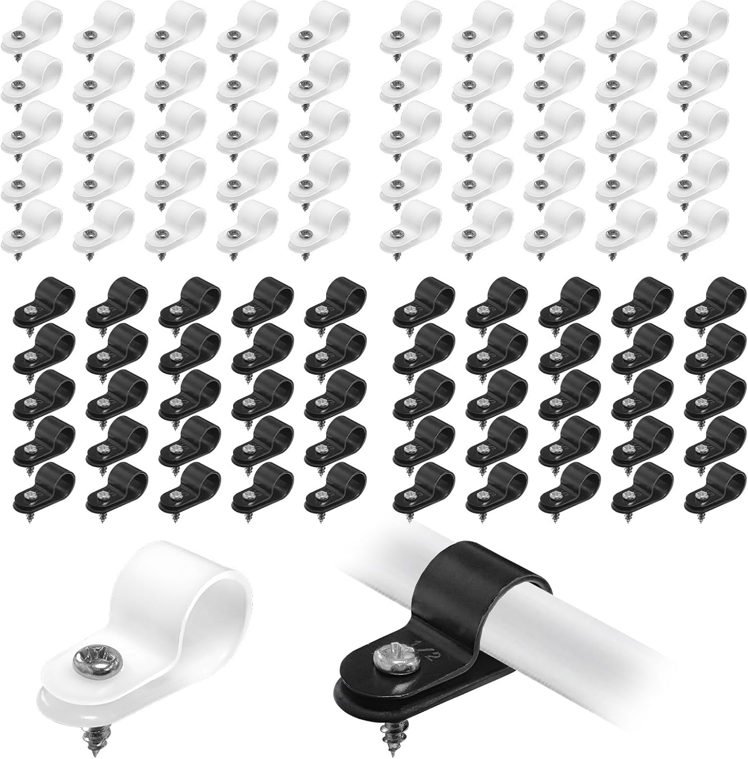 100 Pack 1/2 Inch Rope Light Clips with Screw, P-Style Mounting Outdoor Cable Clips, Nylon Electrical Wire Clamp Fasteners for Cord Organizer Management (100Pcs)