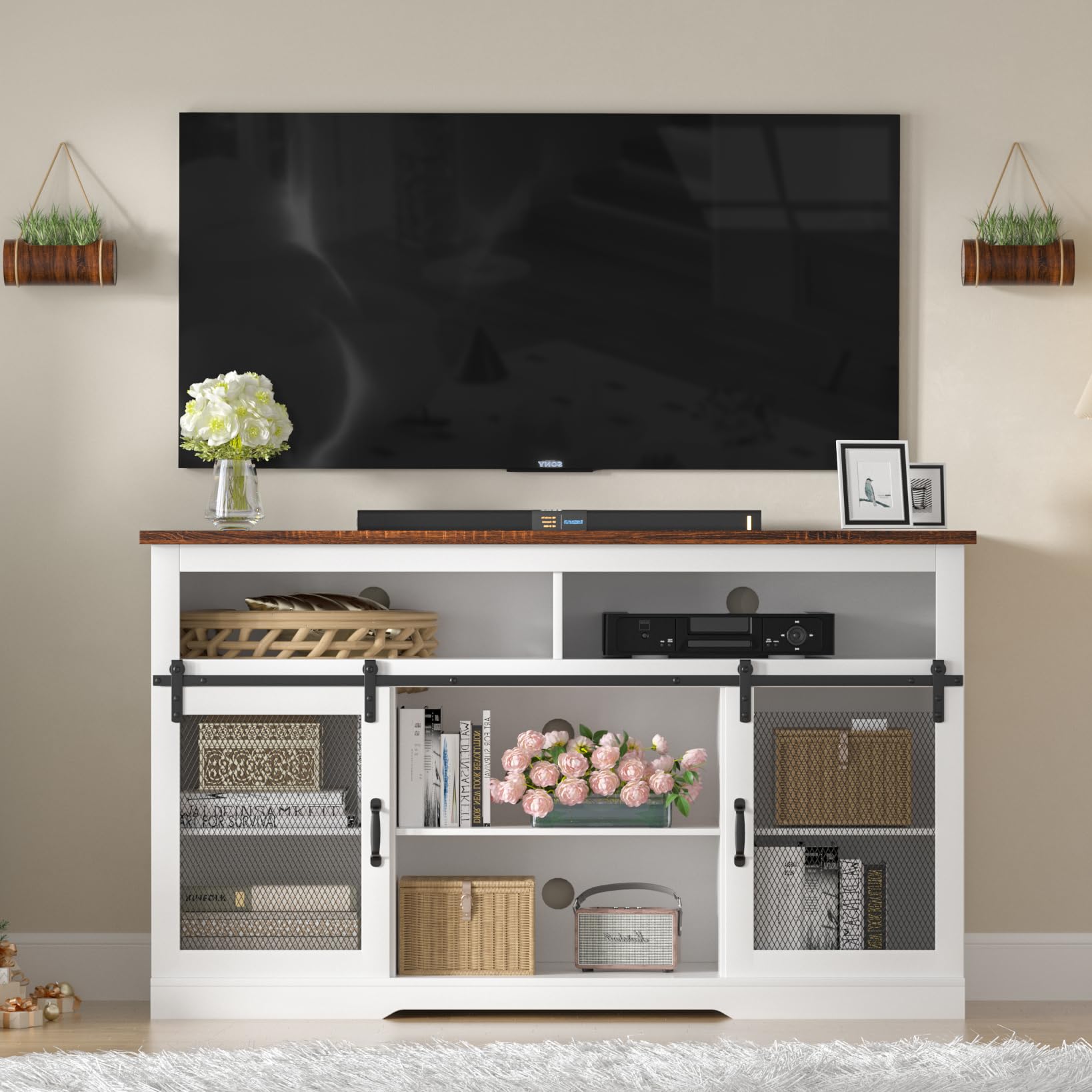 TOLEAD Farmhouse TV Stand for 65+ inch TV, Farmhouse Entertainment Center, 34" Tall Entertainment Center, TV Console with Storage and Charging Station