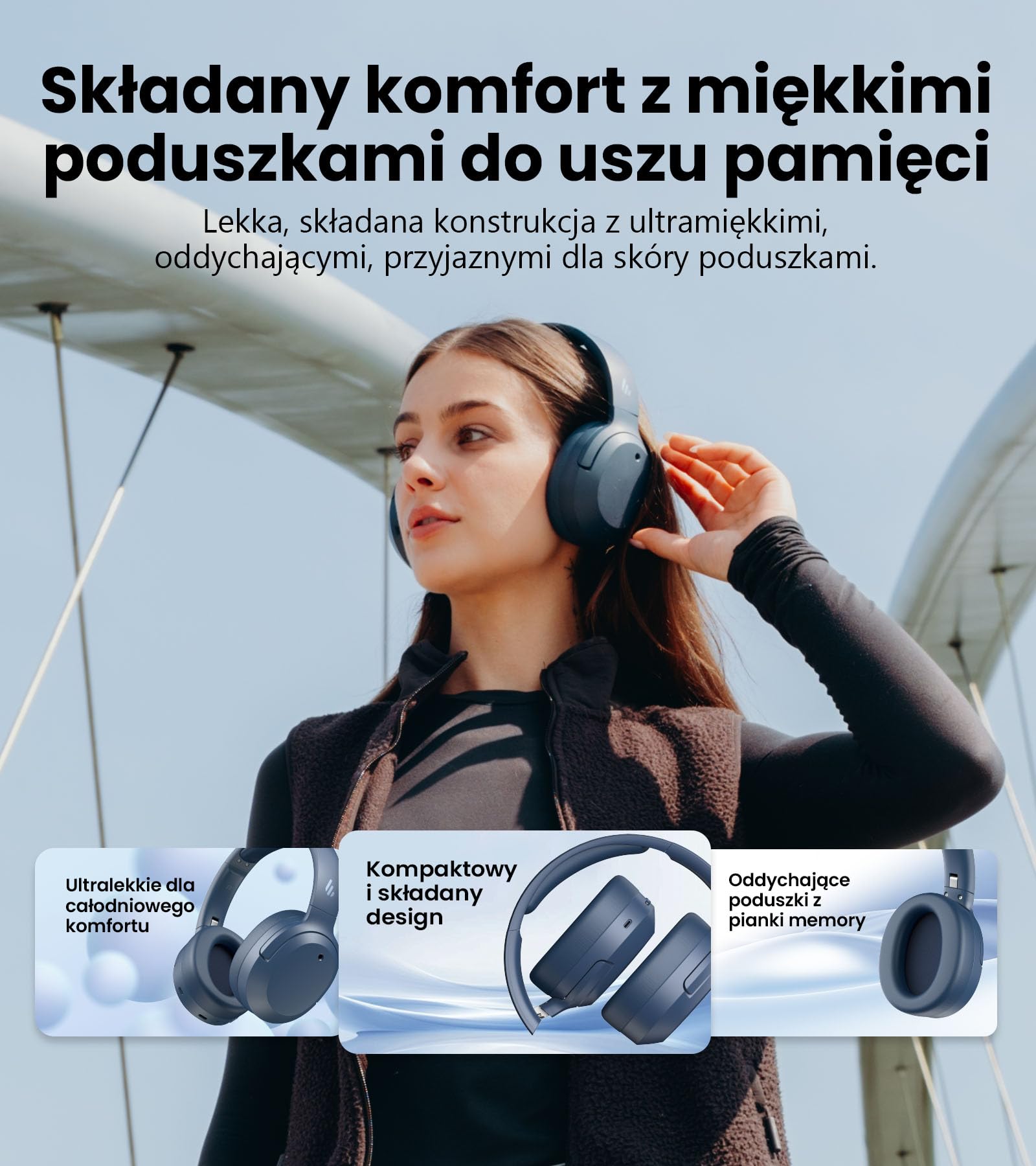 Edifier W820NB Plus Gen 2 bezprzewodowe słuchawki słuchawkowe z redukcją hałasu nad uszami, -49 dB ANC, LDAC Hi-Res Audio, czas odtwarzania 88H, dźwięk przestrzenny, ochrona głośności - Navy