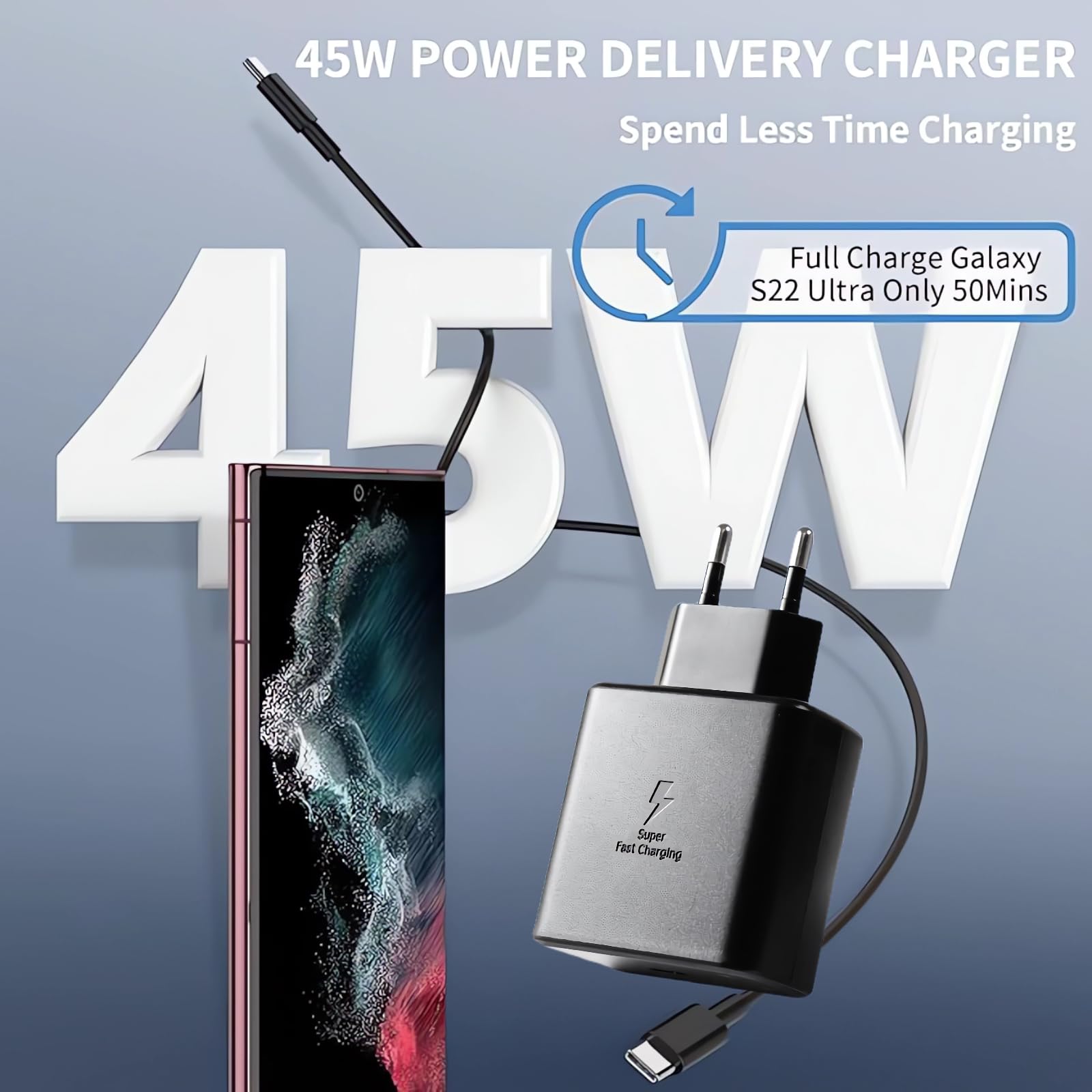 AILKIN Samsung 45w USB C Caricabatterie rapido con cavo 5a Adattatore di rete presa a muro di tipo C per Samsung Galaxy S23/S22/S21 ultra/S20/S20 +/Note 20/10/9/8/A73/A53/A52/S10/S9