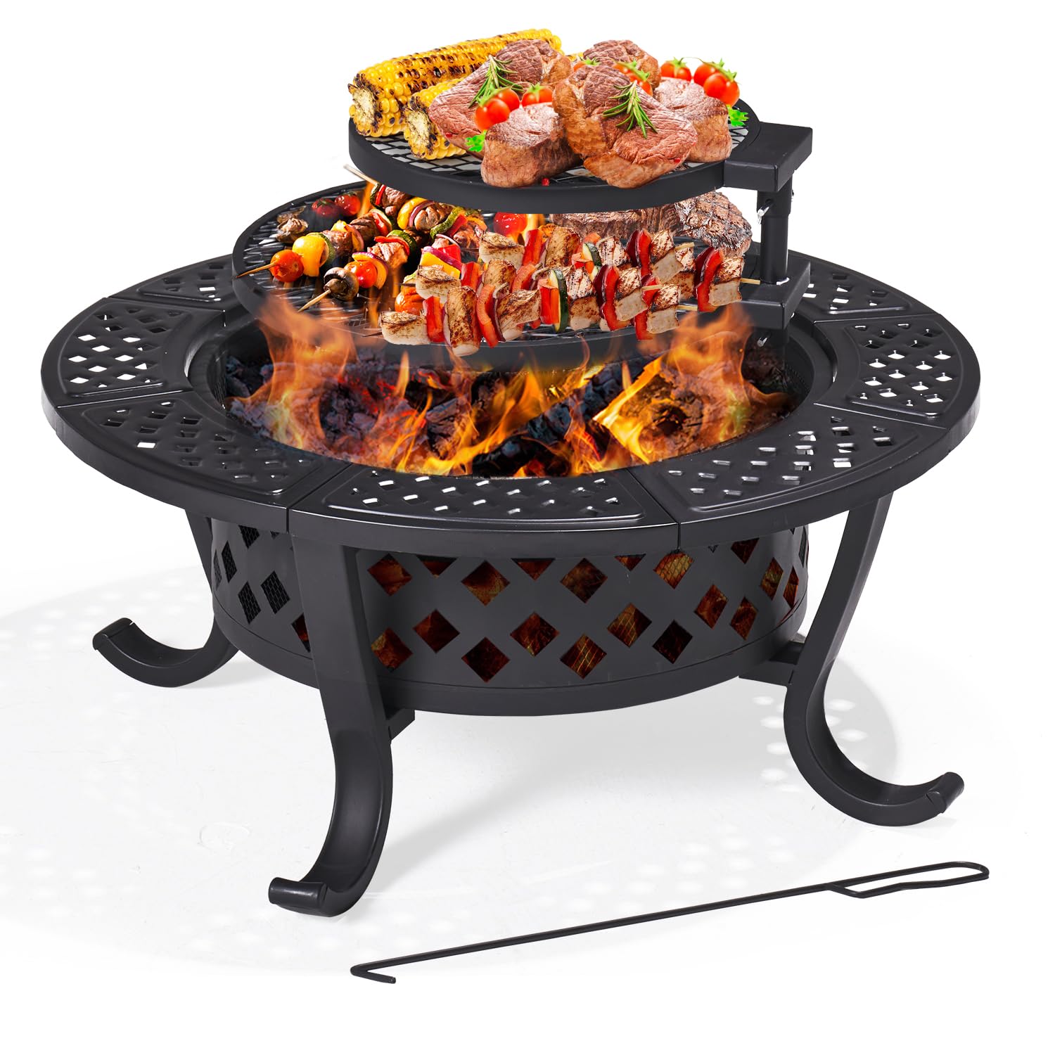 28" Fire Pit,Outdoor Wood Burning Fire Pit with 2 Grills, Large BBQ Fire Table for Heating,Picnics,Camping
