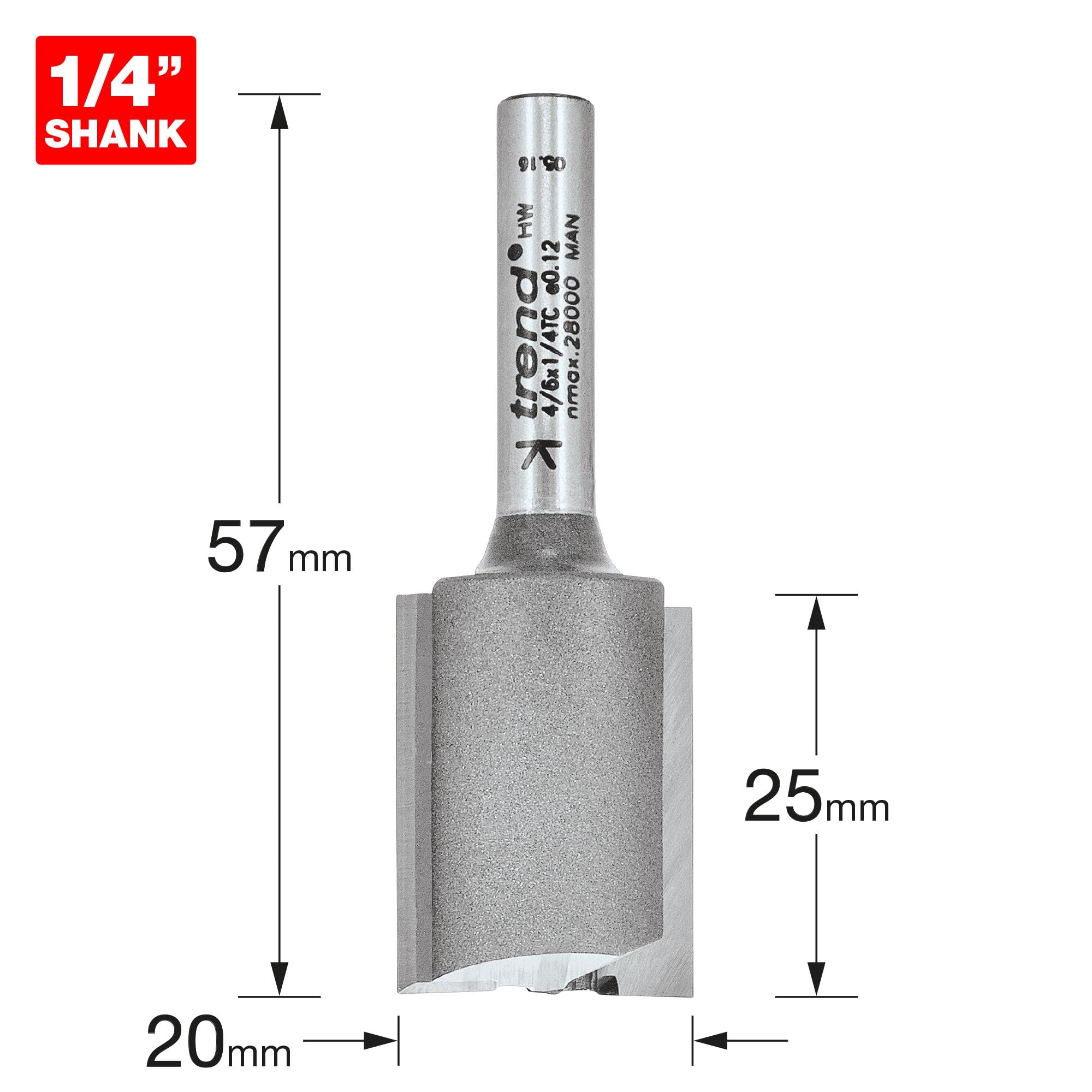 Trend Frez prosty 2-ostrzowy TCT 1/4" Ø20 mm, dł. skrawania 25 mm | Frez TCT z węglika wolframu 2 ostrza do gładkich prostych frezowań; dł. skrawania 25 mm, Ø20 mm, 1/4".