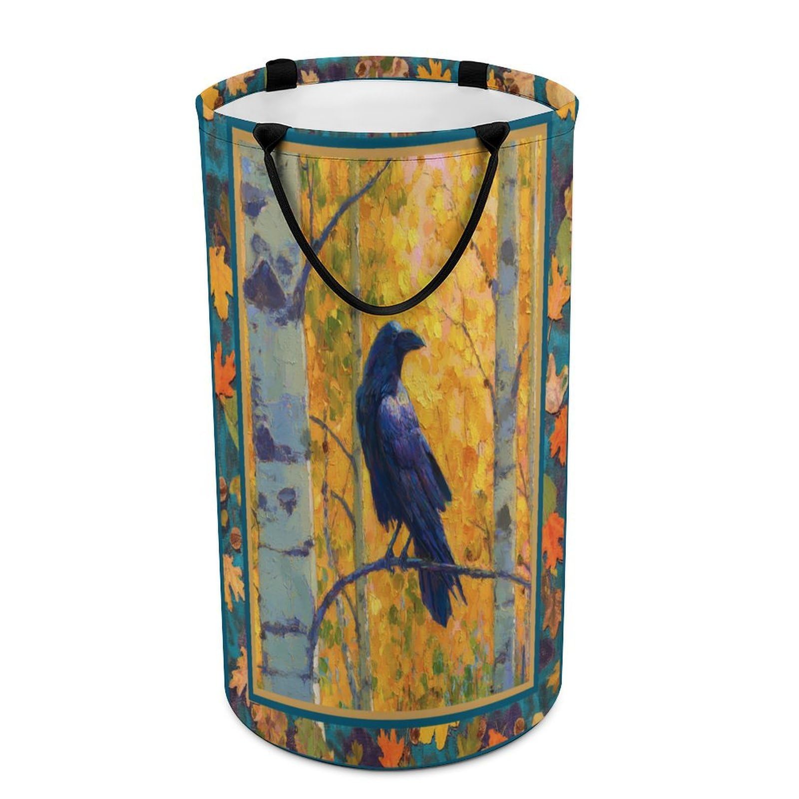 LUYYSKY Vintage Abstract Raven Collapsible Dirty Clothes Basket, Classic Oil Painting Autumn Plants Maple Trees Animals Crow Portable Clothes Storage Basket