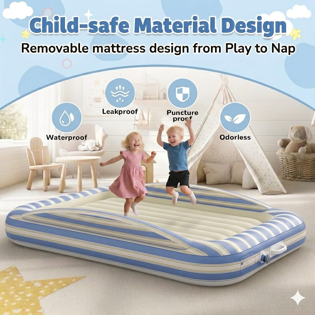 Inflatable Toddler Travel Bed with Cordless Rechargeable Air Pump, Comfy Removable Flocked Kids Air Mattress & Safety Rails, Portable Toddler Blow Up Bed for Outdoors Camping Sleepover Travel Home