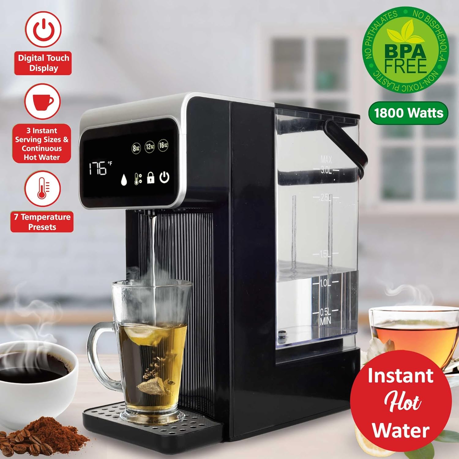 Brentwood KT-2300DBK 3-Liter 1800w Digital Instant Hot Water Dispenser with 7 Temperature Presets, 4 Water Volume Options, Large Carry Handle, and Child Safety Lock, Black