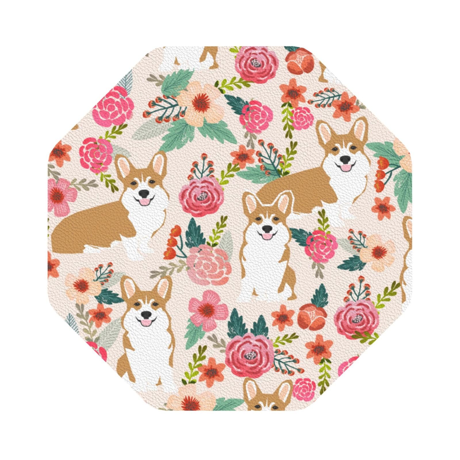 Corgi Floral Flowers PU Leather Coasters Set of 6 Octagon Drink Coasters