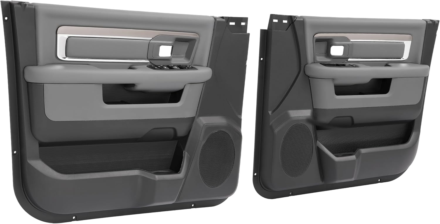 Pair Inner Door Panel Compatible with 2013-2018 Dodge Ram 1500 2500 3500 Crew & Quad Cab Driver & Passenger Side Plastic+Artificial Leather+Foam, Textured+Chrome+Painted, Dark Tin & Gray