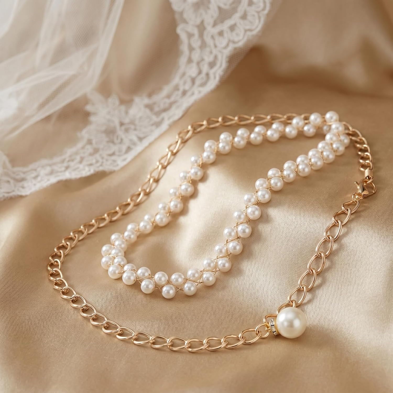 Women Pearl Waist Chain - Double Row White Pearl Dress Belt Elegant Body Chain for Wedding Party Accessory