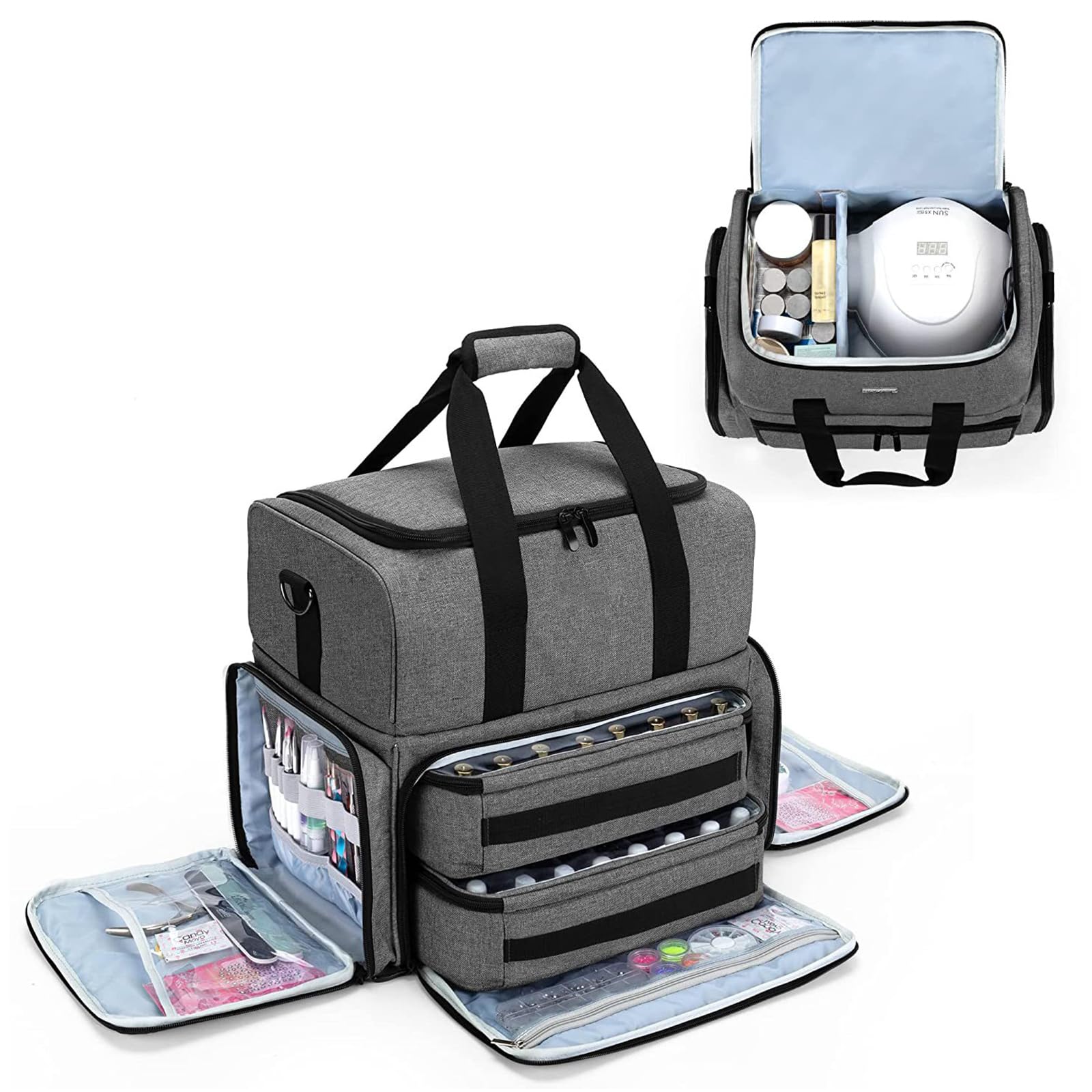 Organizer Smalti per Unghie, Adatto per 80 Flaconi (15 ml) e Lampada Unghie UV, Borsa Organizer per Smalti, Valigetta porta Smalti per Unghie Borsa da Viaggio con 2 Tasche Rimovibili, Grigio
