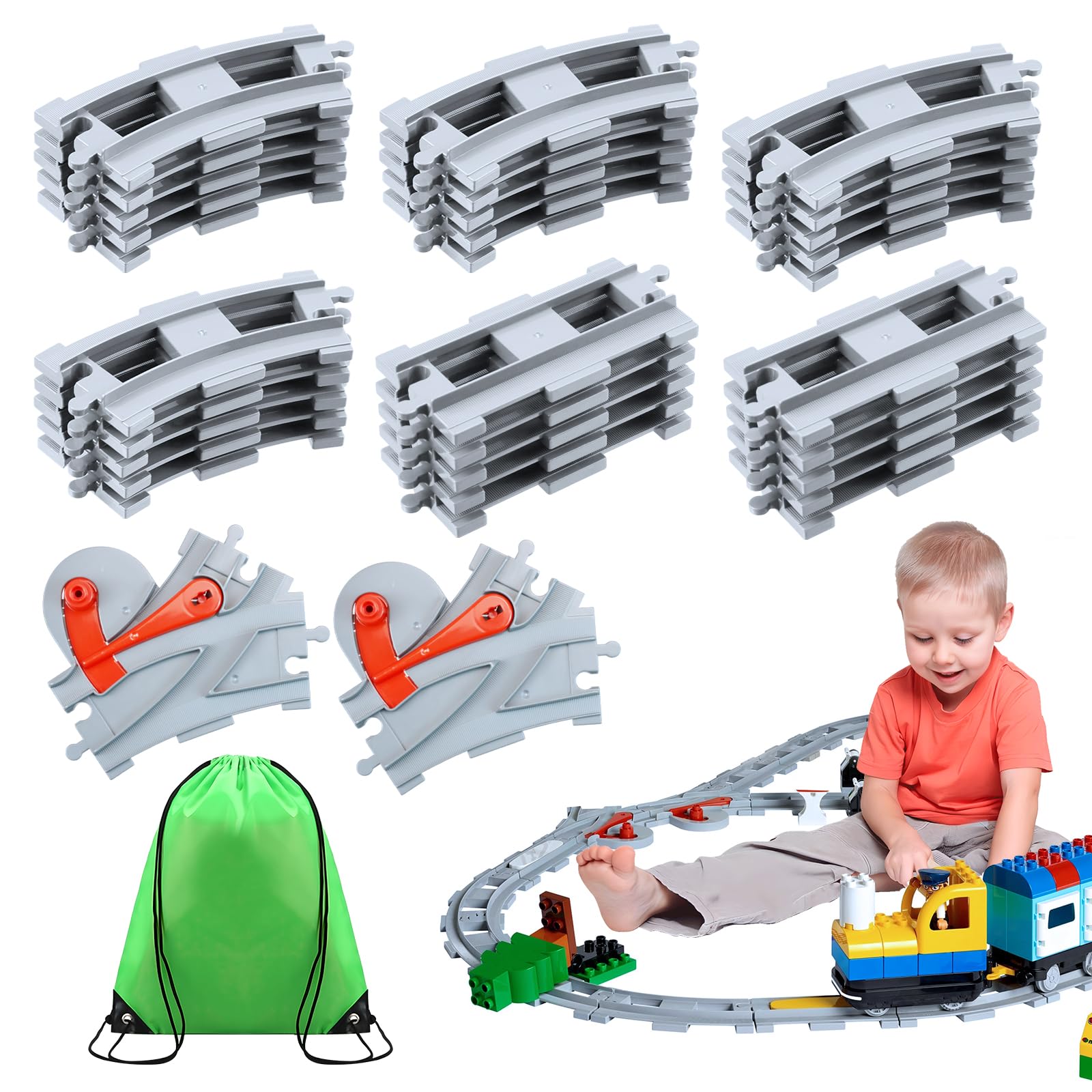 lompyeu Schienensortiment, 32 Teile - Schienen Set Eisenbahn Zubehör mit Aufbewahrungstasche, Pielzeug Geschenk Spielzeug ab 3 Jahre Kleinkinder，Hellgrau