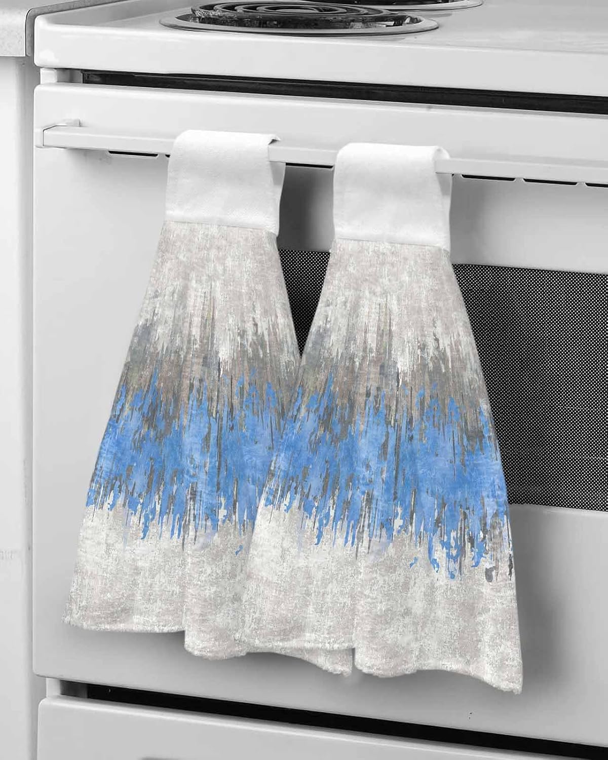 Blue Grey Abstract Kitchen Hand Towels with Hanging Loops Set of 2 Gradient Geometric Graffiti Modern Art Soft Thick Oven Fingertip Dry Microfiber Tie Dish Towel Absorbent Cleaning Washcloth