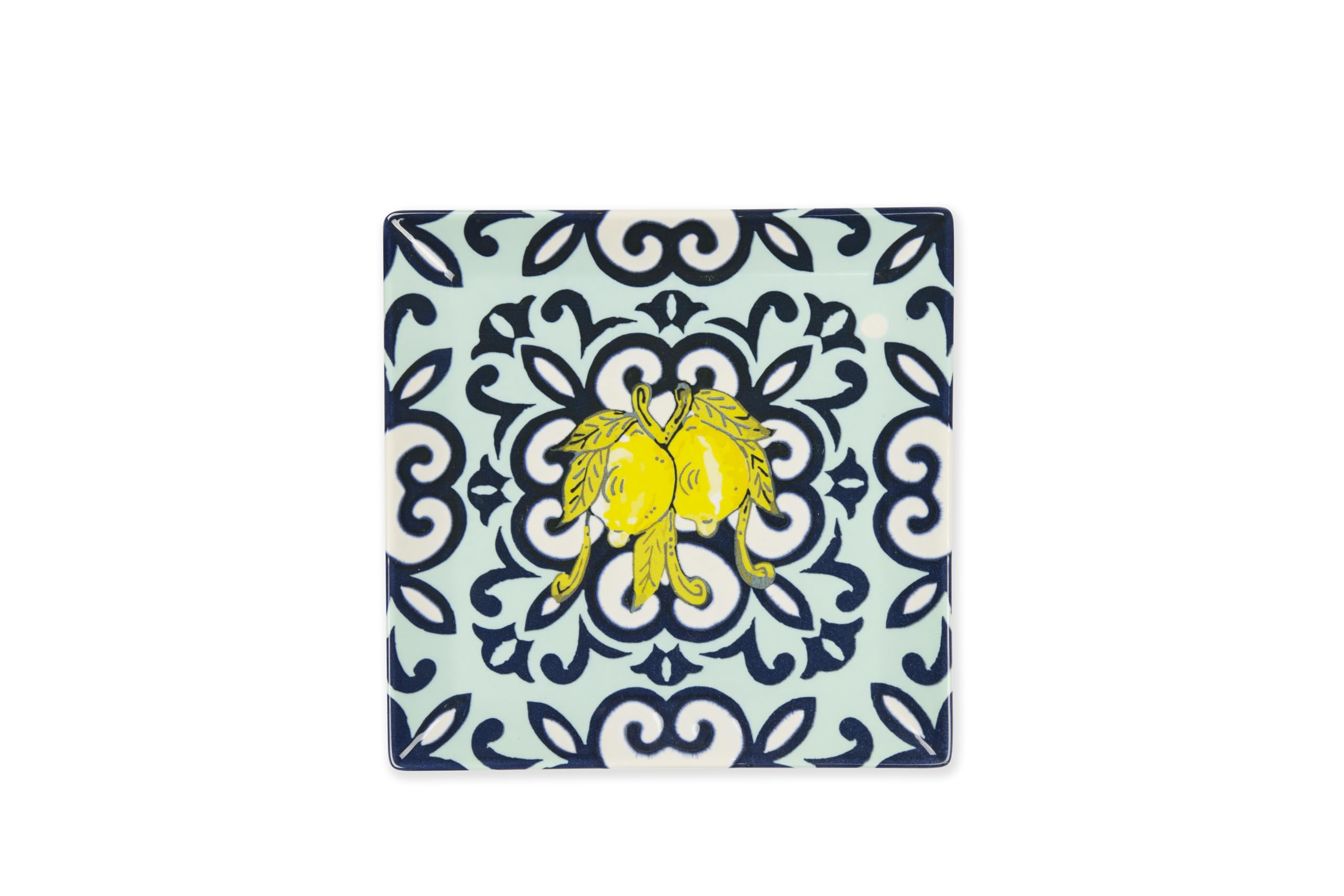 Excelsa Amalfi Servizio Piatti Quadrati in Ceramica, Set 18 Pezzi con Decorazione Limoni e Fregi Blu