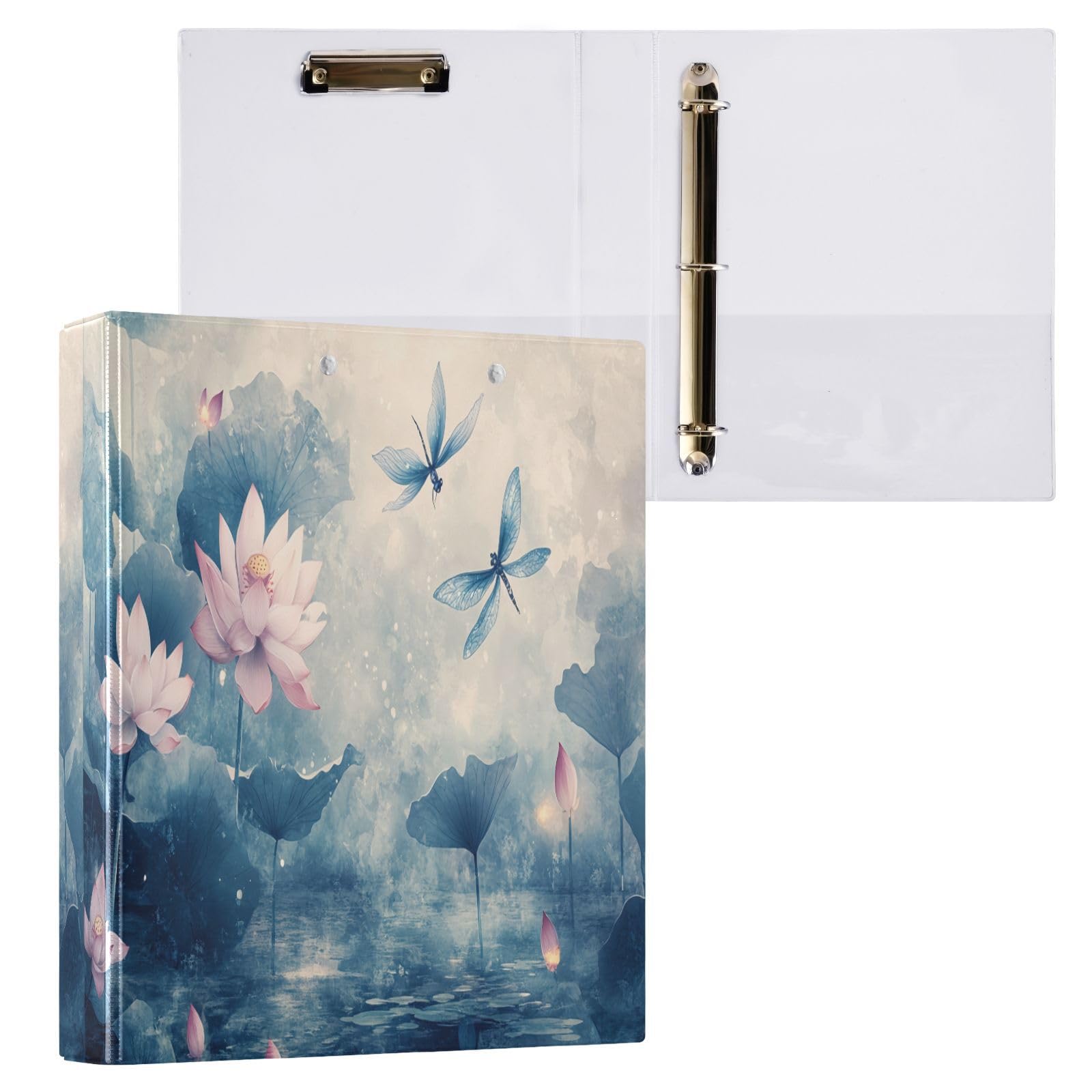 Raccoglitori a 3 anelli, 3,8 cm, motivo loto e farfalla, rotondi, con clip in metallo, organizer per casa e ufficio, confezione da 2