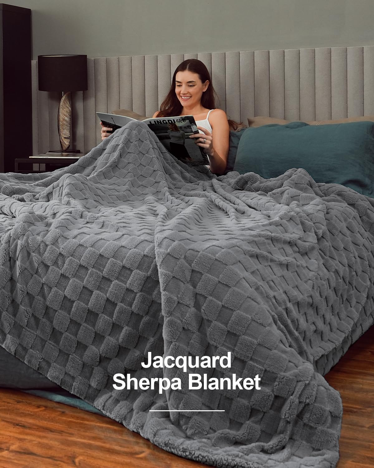 Pawque Super Soft Cozy Throw Blanket King Size for Couch Bed, Fluffy Sherpa Fleece Reversible Thick Warm Fuzzy Blanket for All-Season, 3D Checkered Jacquard Decorative Blankets, Grey, 108"x90" - Image 7
