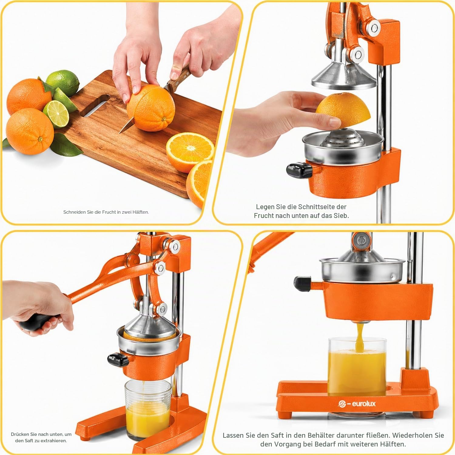 Eurolux Zitruspresse aus Gusseisen | Handelsqualität manuelle Handpresse | Arbeitsplattenpresse für frischen Fruchtsaft (Bonus Edelstahlbecher) (Orange)