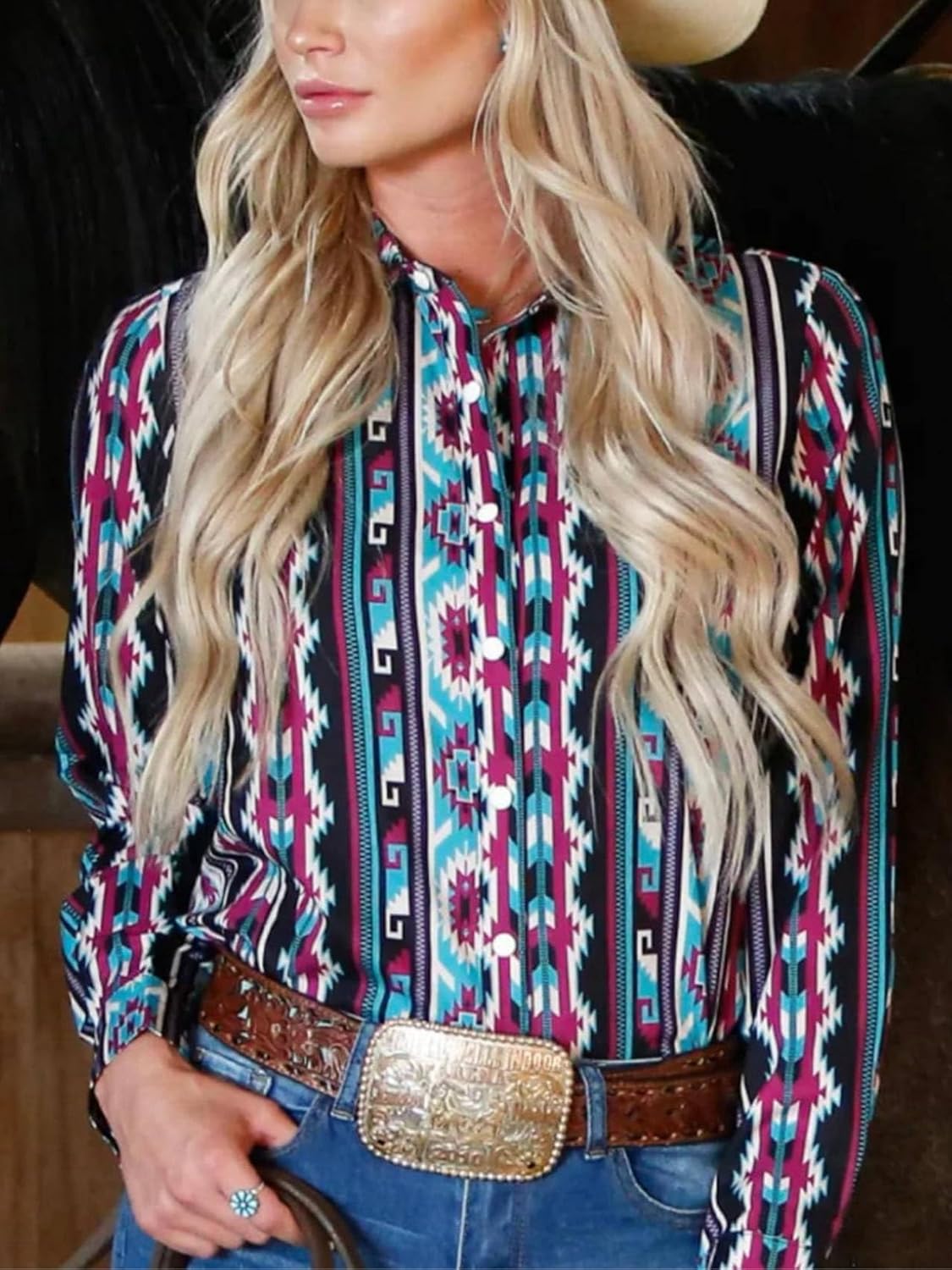 Womens Retro Aztec Pearl Snap Shirts Lapel Button Up Blouse Long Sleeve Cowgirl Ethnic Print Rodeo Western Tops - Image 5