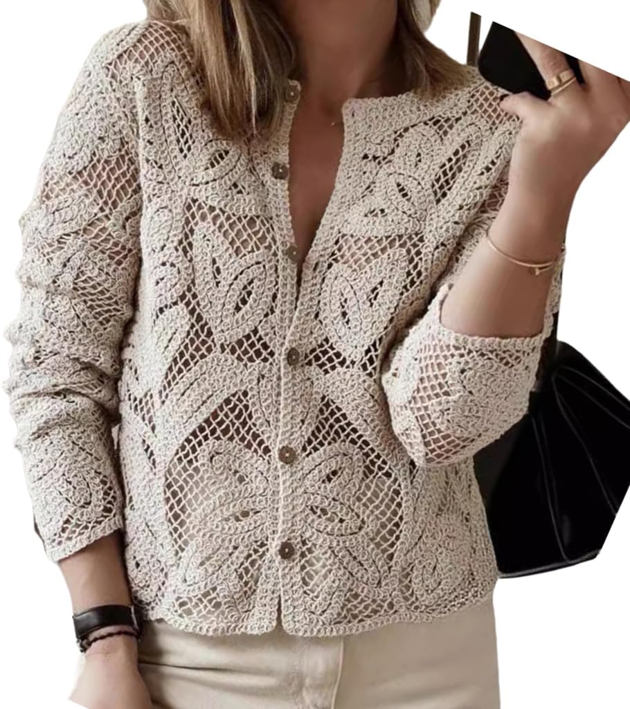 NIFTRIRY Women Crochet Tops Wood Button Up Sweater Cute Outfits Beach Vacation Clothes