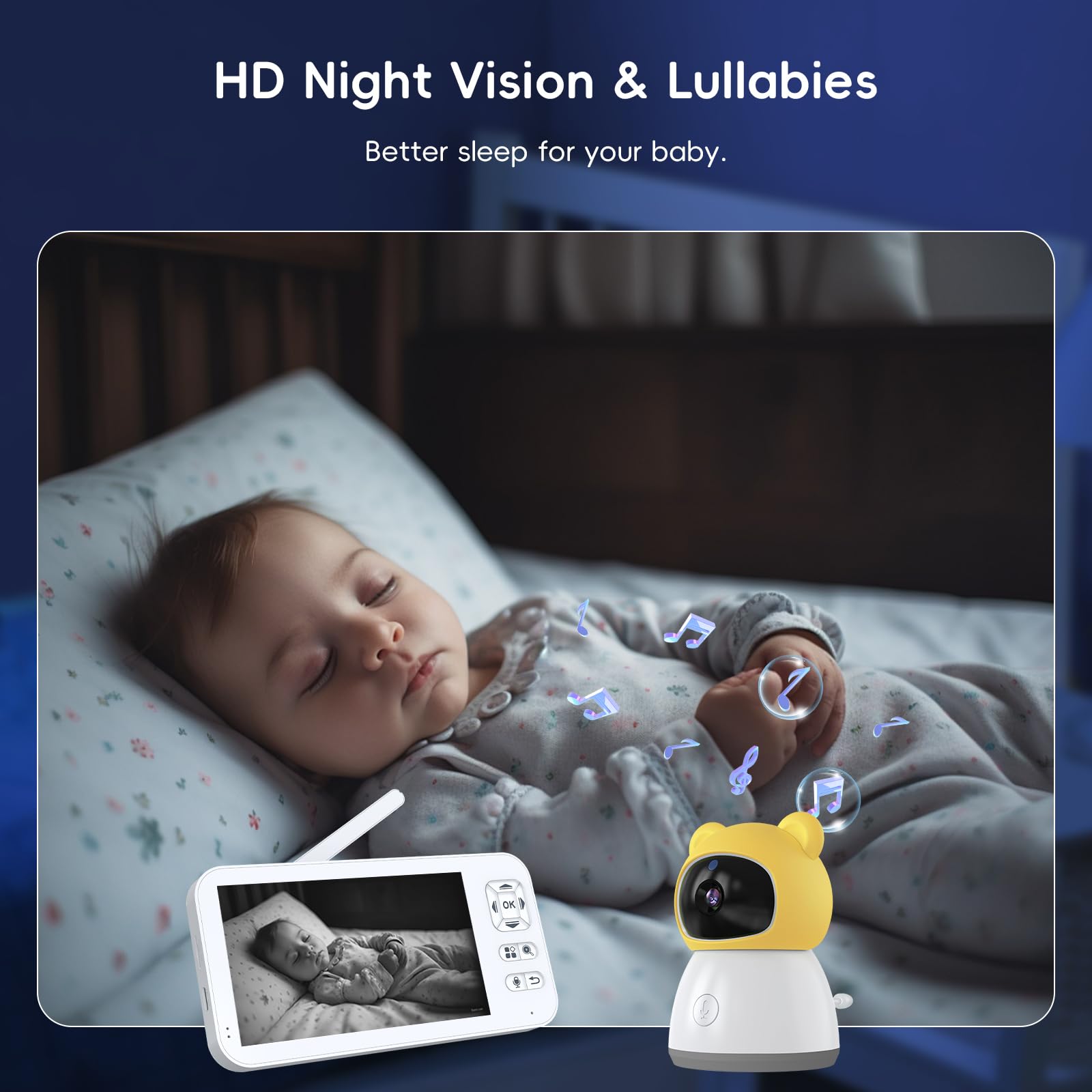 Elektroniczna niania z kamerą i dźwiękiem, Smart Video 2K HD, Wi-Fi, ekran 5", noktowizor, czujnik wilgotności temperatury, 2-drożne połączenie, kołysanka, tryb snu, wykrywanie płaczu, zasięg
