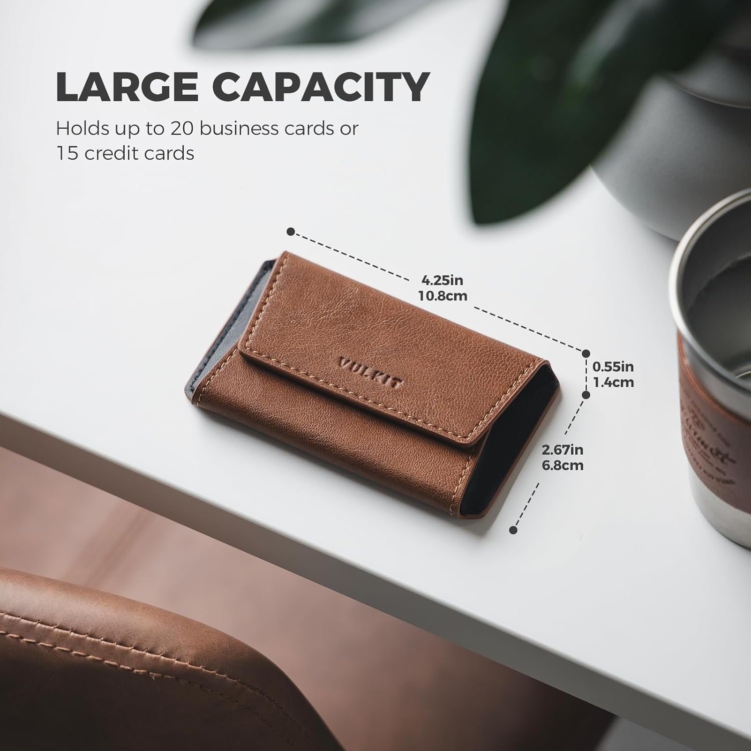 VULKIT Leather Business Card Holder Case for Men Slim Pocket Business Card Wallet Name Card Case Holder, Holds 20 Business Cards Brown - Image 5