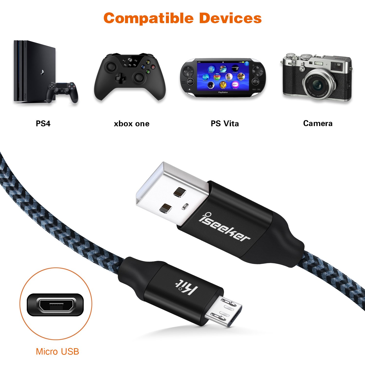 PS4 controller Wire, Iseekerkit 2-pack 4,6 m cavo micro USB PS4 Xbox controller cavo di ricarica per Playstation 4 PS4 DUALSHOCK 4 Slim/Pro, Xbox One S/x, Android, Samsung