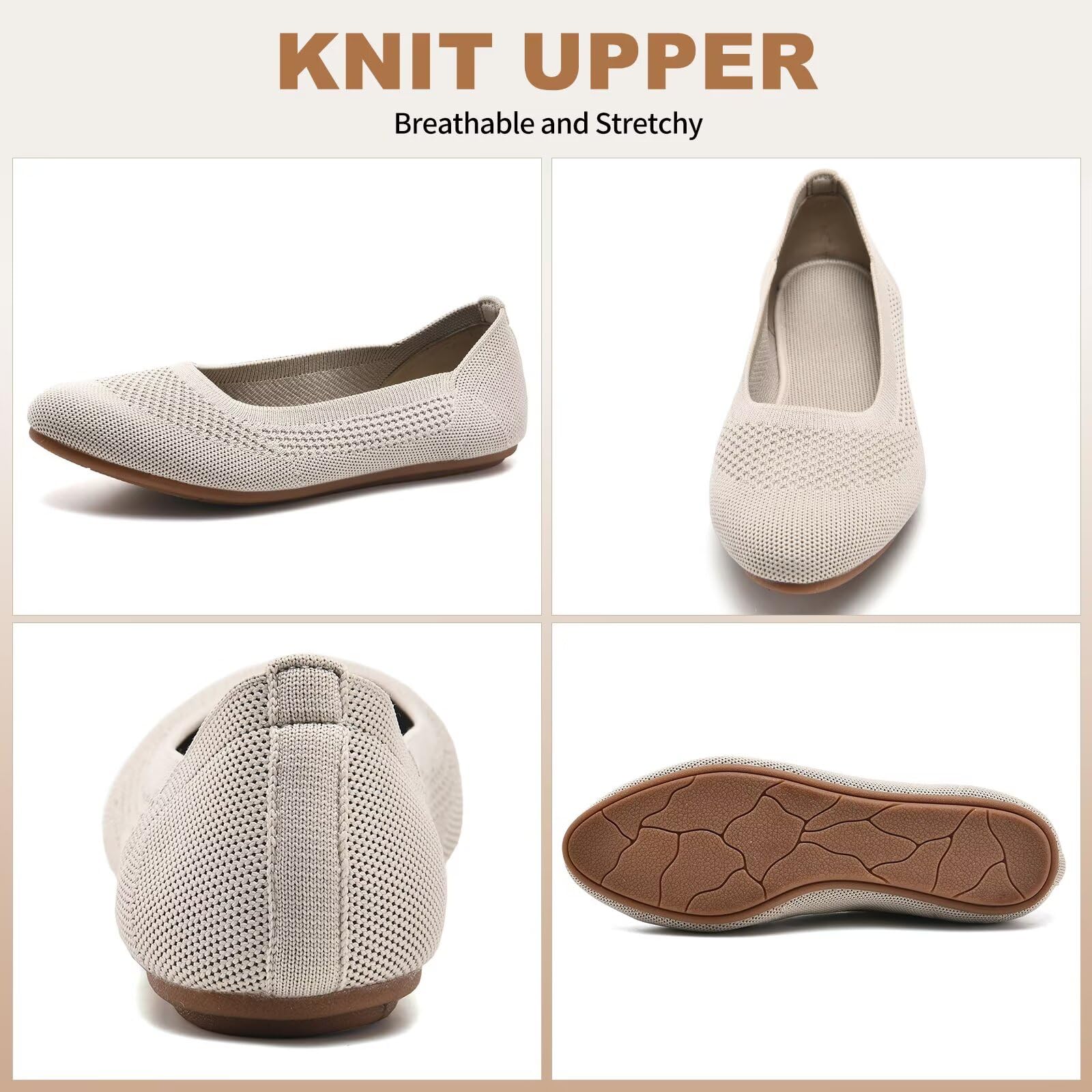 Puxowe Damen Strick-Ballerinas mit Rundkappe Flache Slip-On Schuhe Superweich Niedriger Keilabsatz