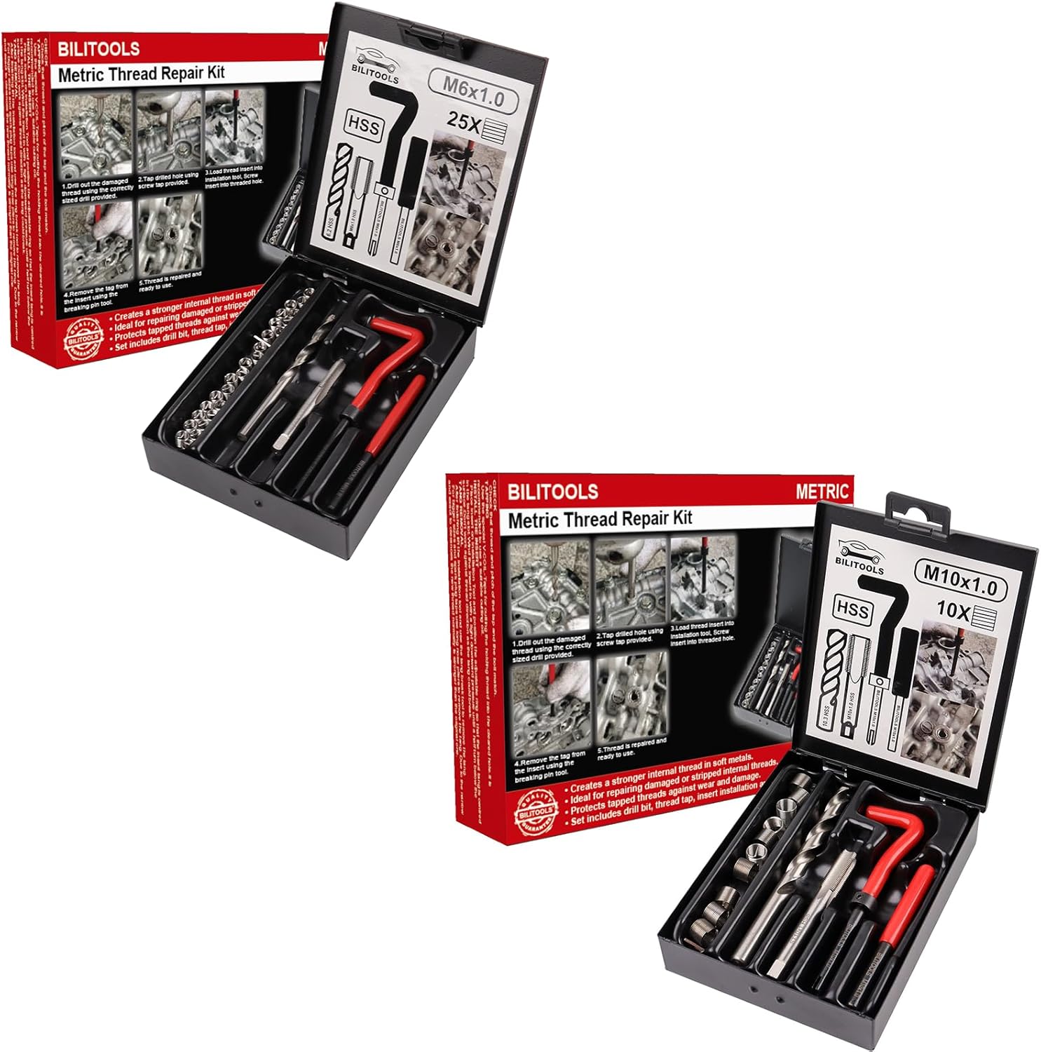 BILITOOLS M6x1.0 and M10x1.0 Thread Repair Kit, HSS Drill Helicoil Repair Kit Metric