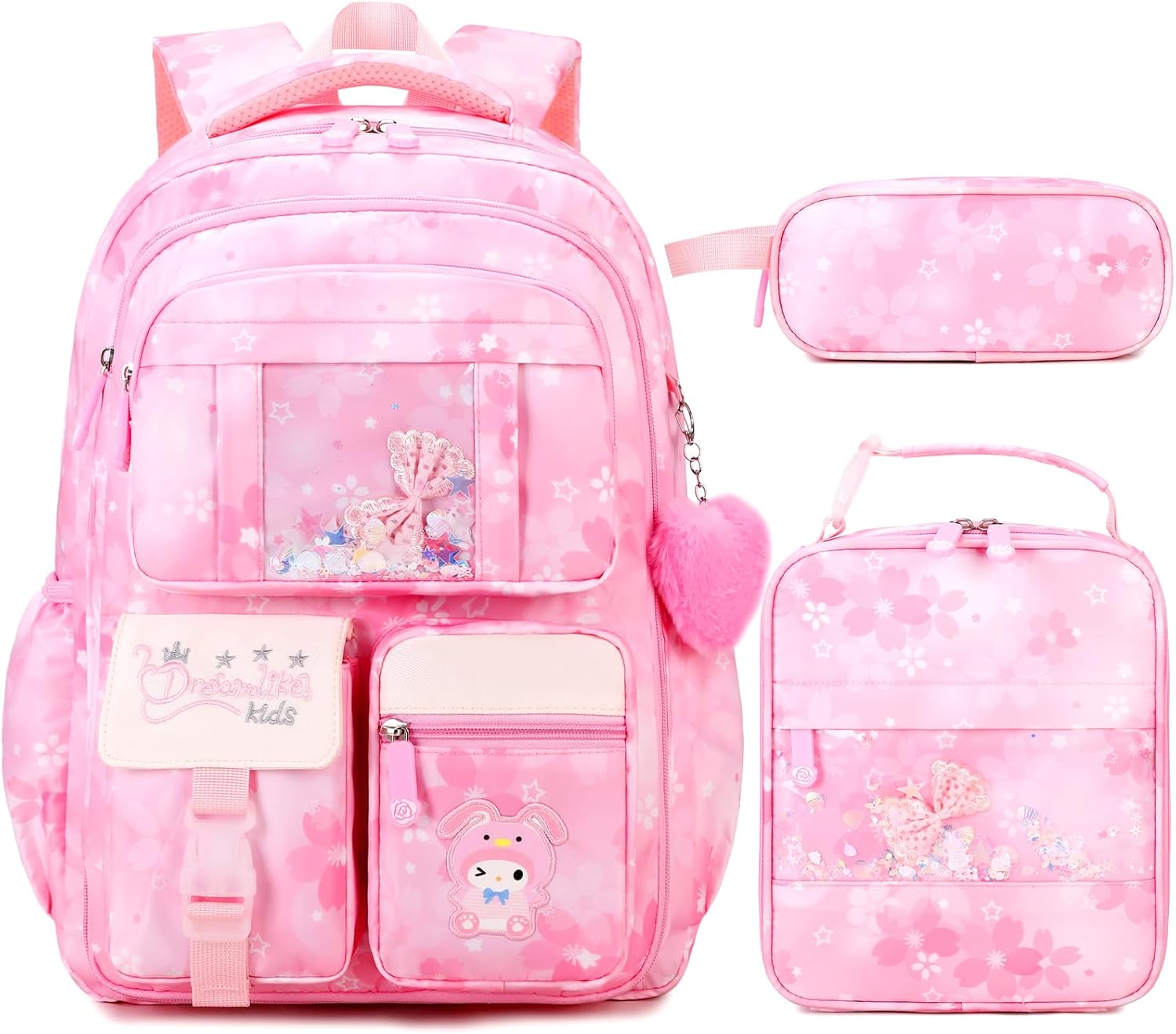 Backpacks for Girls, Girls Backpack with Insulated Lunch Box and Pencil Case for Kids Teens Elementary Middle High School Student, Cute Bow School Bag Travel Daypacks Book Bag Set (Pink)