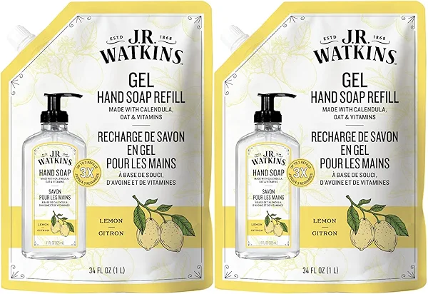 J.R. Watkins Gel Hand Soap Refill, Moisturizing Hand Wash, Formulated with Plant-Based Cleansers, Alcohol-Free, Cruelty-Free, Lemon, 34 Fl Oz, 2 Pack