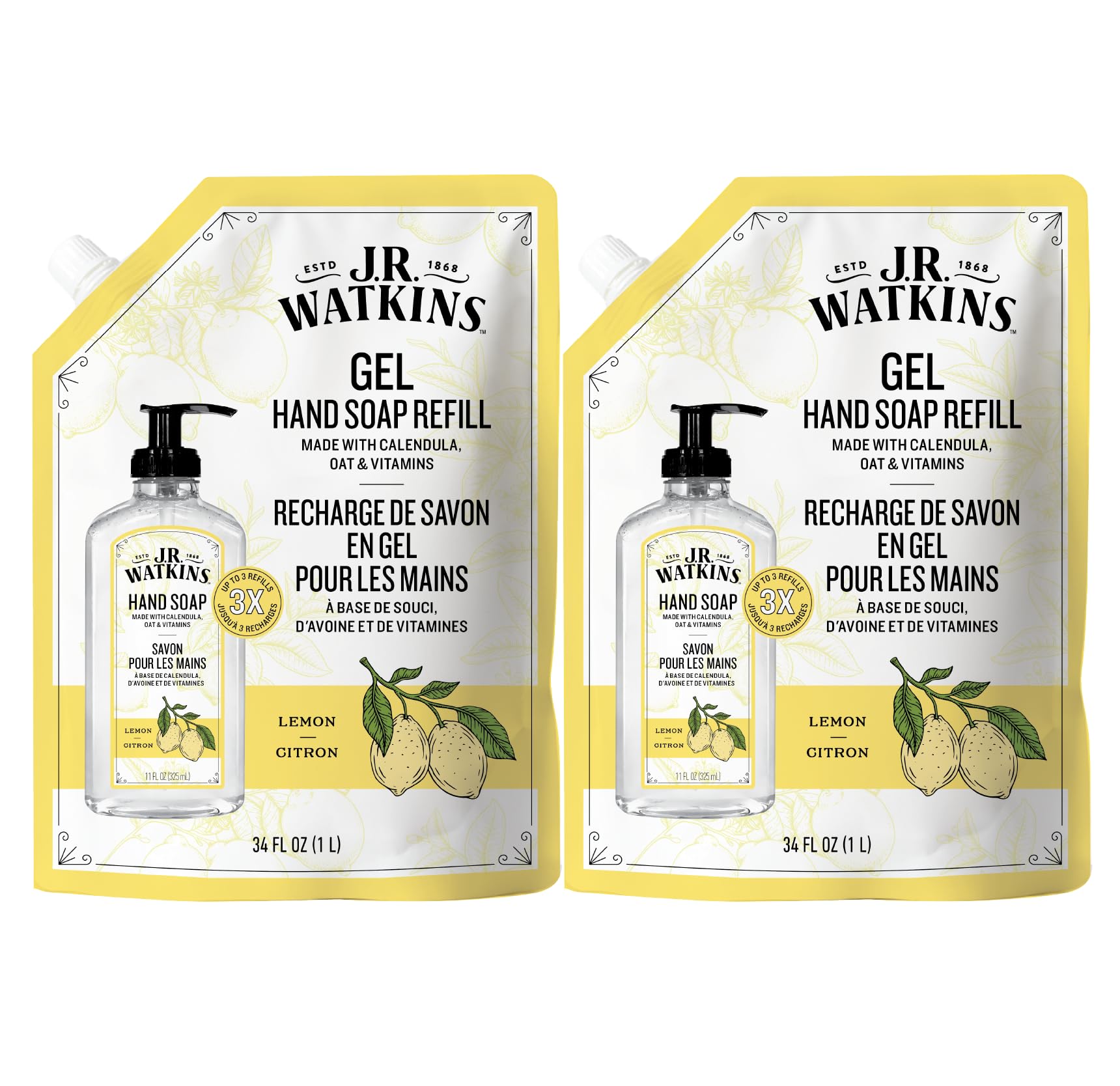 J R Watkins Gel Hand Soap Refill Moisturizing Hand Wash Formulated with Plant-Based Cleansers Alcohol-Free Cruelty-Free Lemon 34