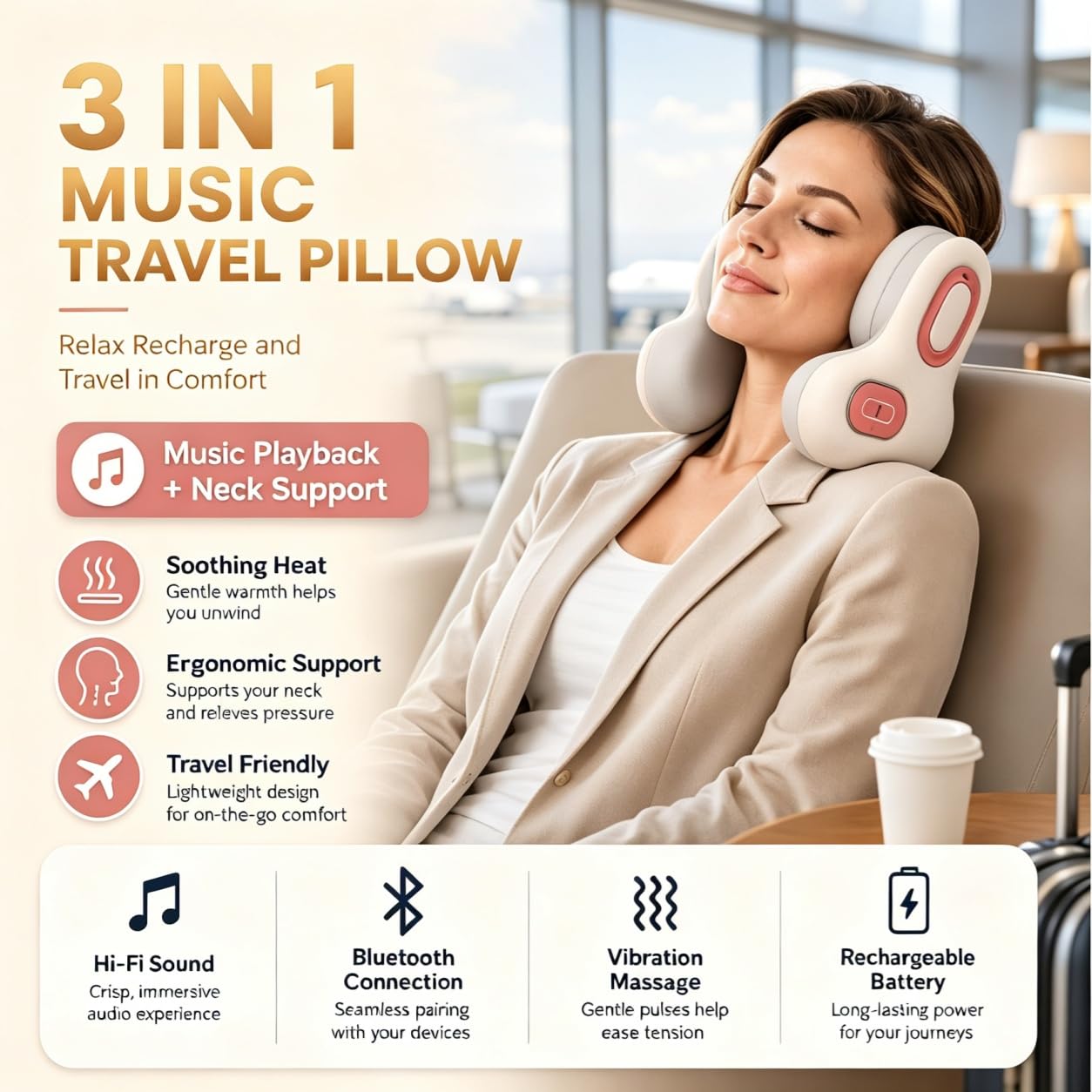 Almohada de Viaje Musical 3 en 1 Bluetooth con Calor y Masaje,masaje de cuello ANC, almohada portátil en forma de U,Coche y Descanso Diarioasaje