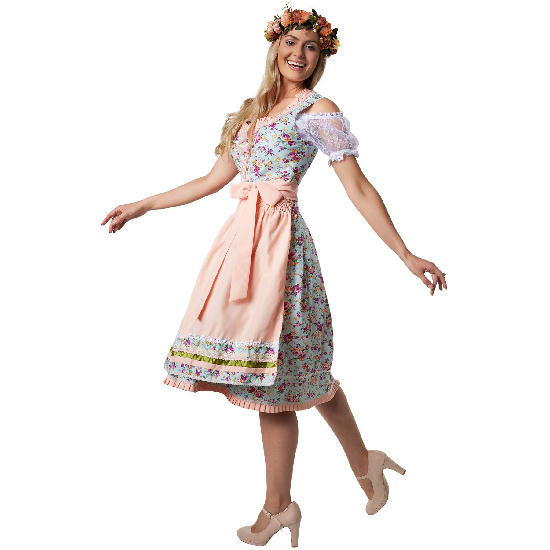 dressforfun Dirndl Damen Midi, Trachtenrock Trachtenkleid mit Schürze, Dirndlkleid mit Blumenmuster, Rüschen und Spitze, Trachtenmode Damen für Oktoberfest, mit Dirndl Bluse kombinierbar, türkis/rosa