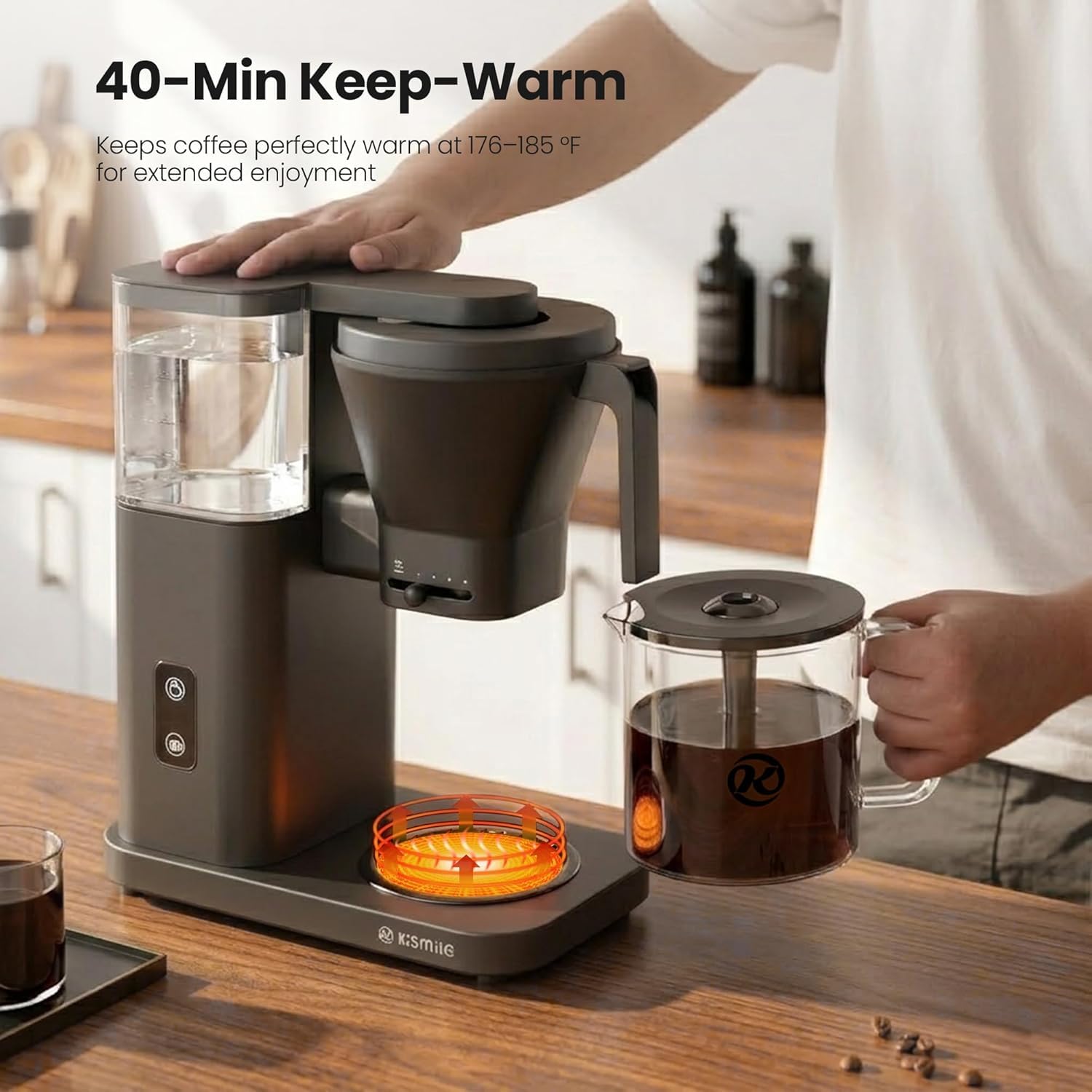 Kismile SCA-Certified 8-Cup Drip Coffee Maker with Pour-Over Control | 3-Second Heating at 197–205°F, Adjustable Flow, Removable 1.25L Water Tank, 20-Min Cold Brew and 40-Min Keep Warm