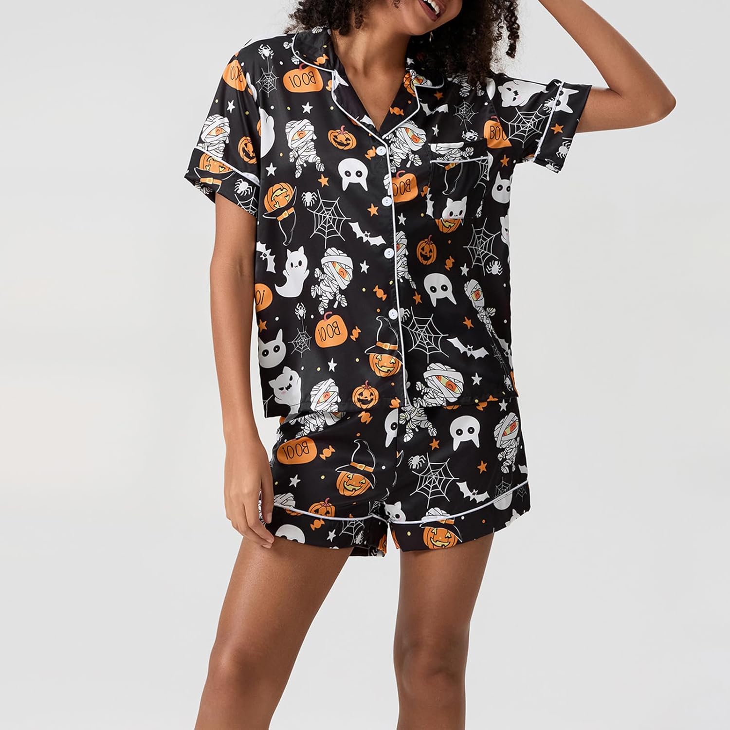 Halloween Womens Pajamas Set Satin Button Down 2 Piece Silk Pjs Shorts Set Lingerie Lounge Set Notch Collar Sleepwear - Image 2