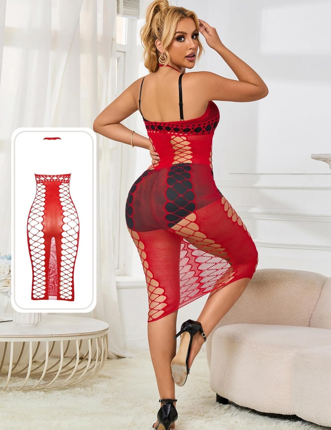 ohyeah Halterneck Fishnet Bodystocking Lingerie Dress for Women Sexy Outfits Hollow One Piece Dabydoll Rave Bodycon Lingerie