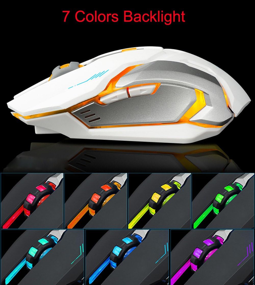 WFB Wireless Gaming Mouse, Silent Click Wireless Rechargeable Mouse with Colorful LED Lights and 3 Adjustable Levels Ergonomic Design for Laptop and Computer (White)