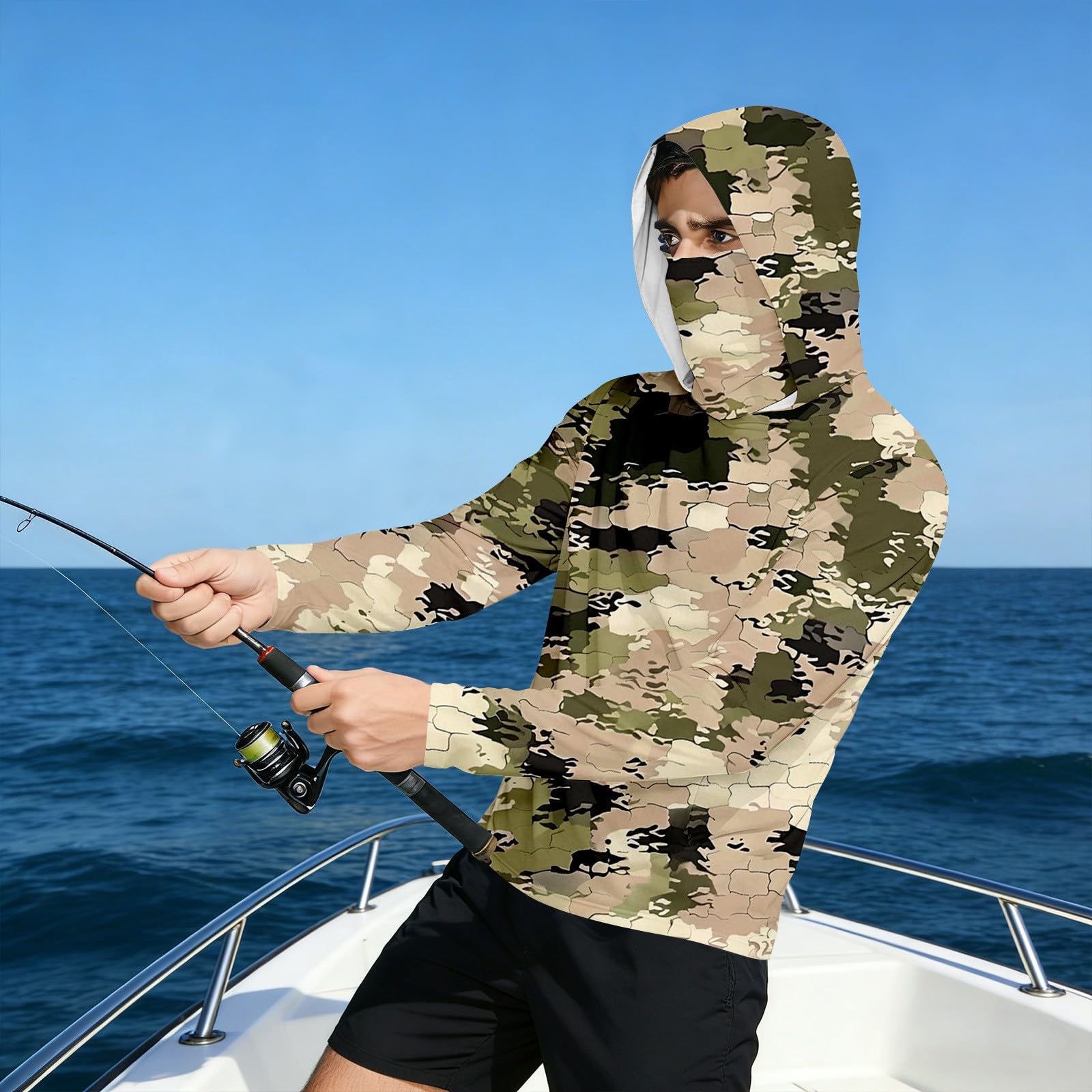 DENGJIAMY Męska bluza z kapturem chroniąca przed słońcem UPF 50+ Rash Guard Camo Shirt z długim rękawem outdoorowe wędkarstwo bieganie wędrówki bluza z kapturem topy z maską