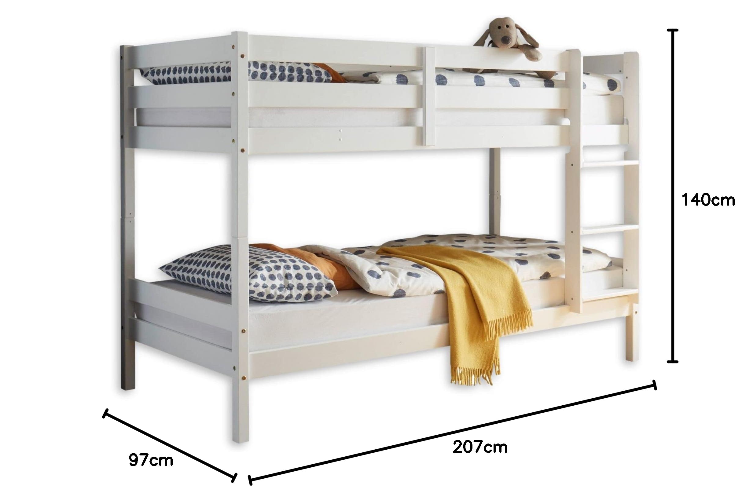 CASPER Hochbett Etagenbett mit Leiter und 2 Liegeflächen Kiefer Weiß | 97 x 140 x 207 cm (B/H/T), Kinder- und Jugendzimmer, zwei Liegeflächen 90 x 200 cm, als Einzelbetten stellbar