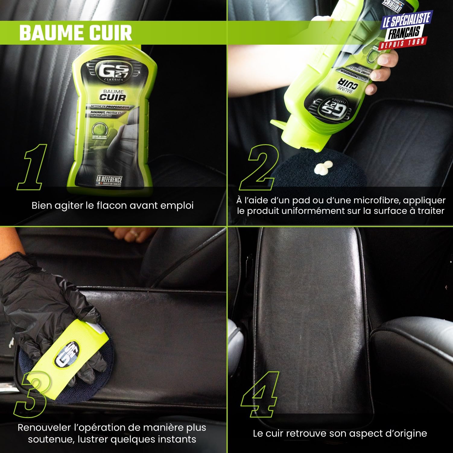 GS27 - Baume Cuir Voiture - Entretien Cuir Voiture Naturel, Teinté ou Simili - Protège et Imperméabilise - 375 ML