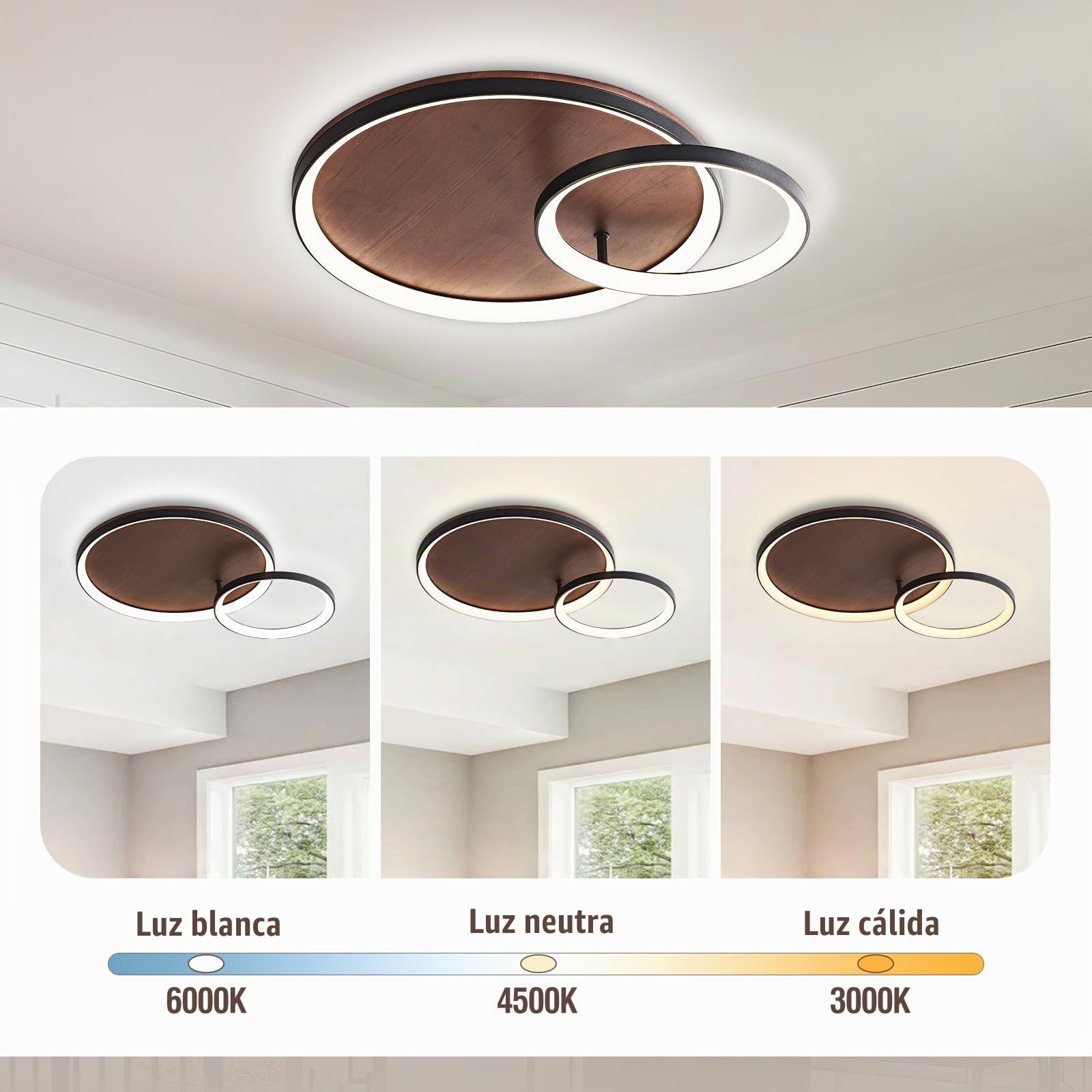 Lámpara de Techo LED de Madera, Negra Geométrico Salón Lámpara Regulable con mando a distancia, 3000K-6000K, con Luz Nocturna y Función de Memoria,42cm/28W Redonda
