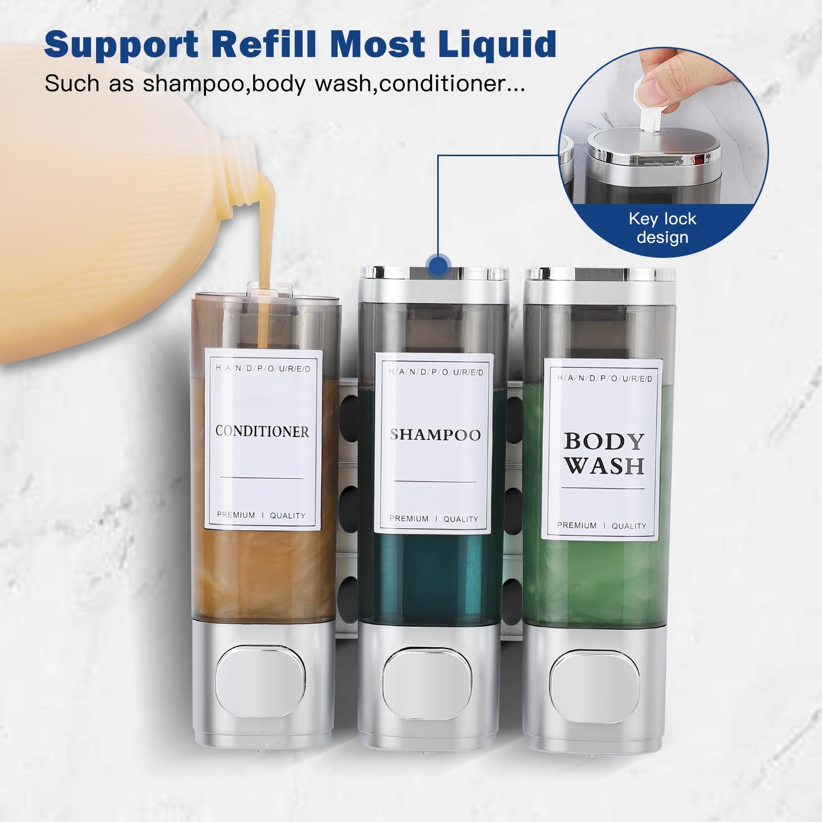 Dispenser per shampoo e balsamo, dispenser per shampoo doccia a 3 camere, senza foro, per doccia, montaggio a parete, per bagno, hotel, cucina, 3 x 300 ml, grande capacità, argento