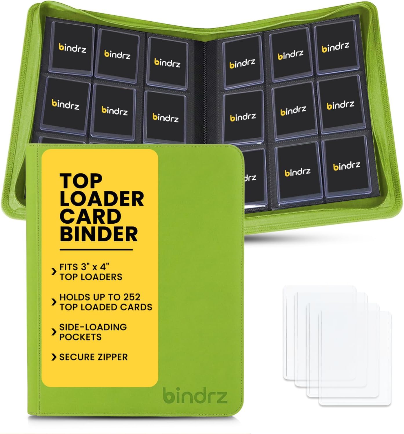 bindrz 9 Pocket Top Loader Binder - Holds 252 Toploaders - Archival Safe Ringless Zipper Album - Side Loading Pockets for CCG TCG MTG and Sports Cards in Plastic Holders (Grass)
