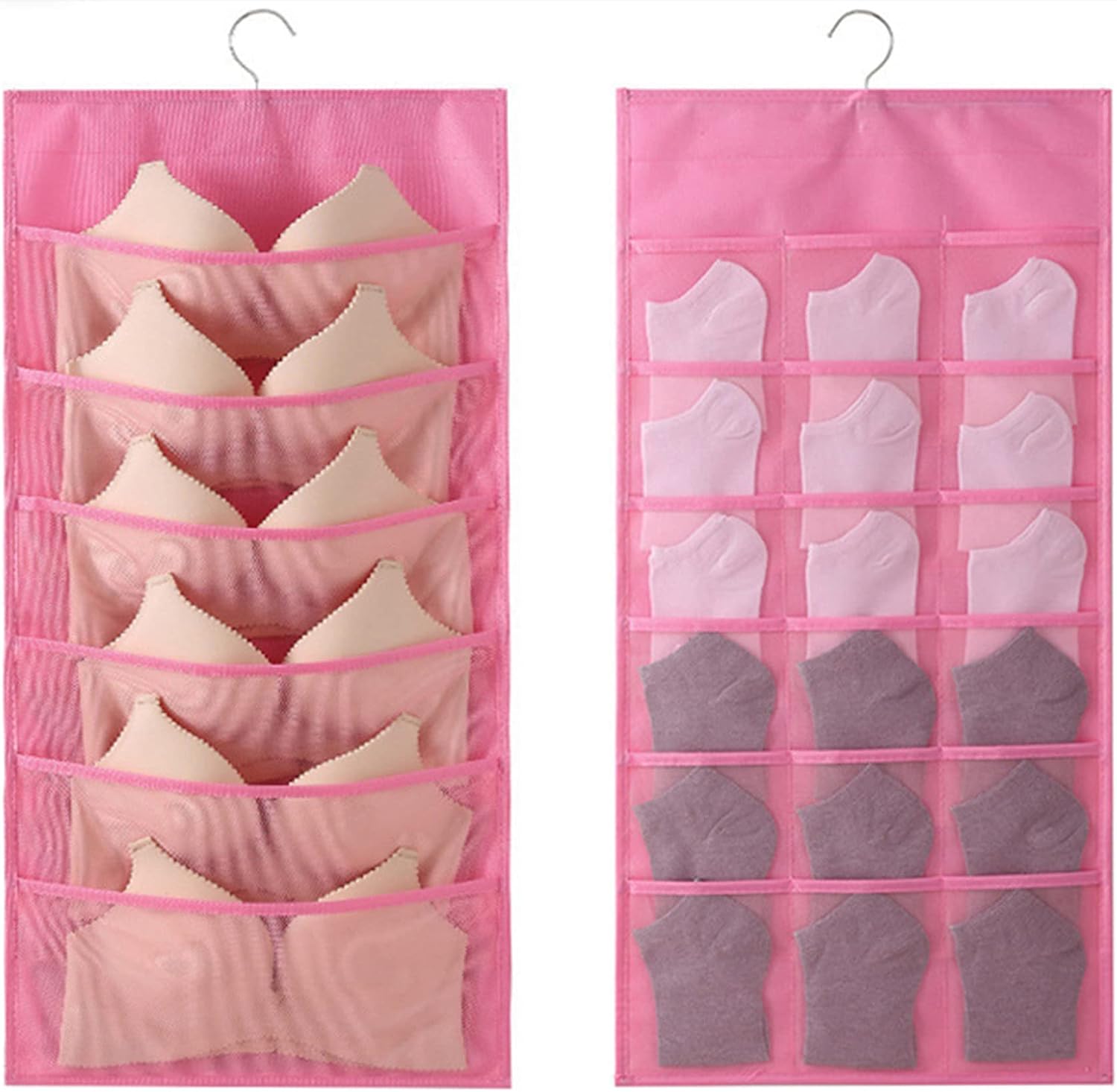 YUNZSXJY Durable Hanging Closet Organizer for Underwear Double Sided with Mesh Pockets,Space Saving Storage Pocket Bra Clothes Socks Organizer Home Basics. (Pink, 6+18 Pockets)