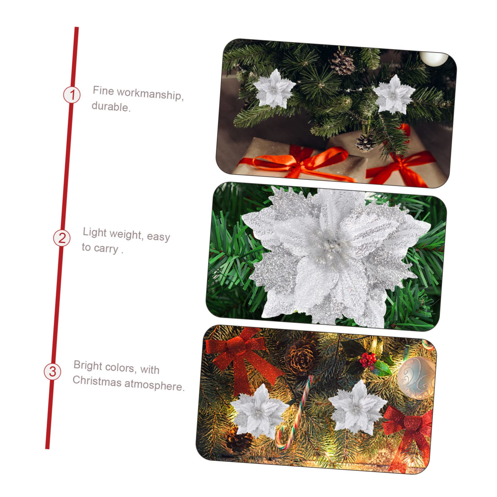 64 pcs Fleur de Noël Artificielle Fleur de Noël Fête Fleur Prop Poinsettia Fleurs Artificielles Noël Paillettes Fleurs Vacances Paillettes Poudre Fleurs Artificielles Arbre de Noël