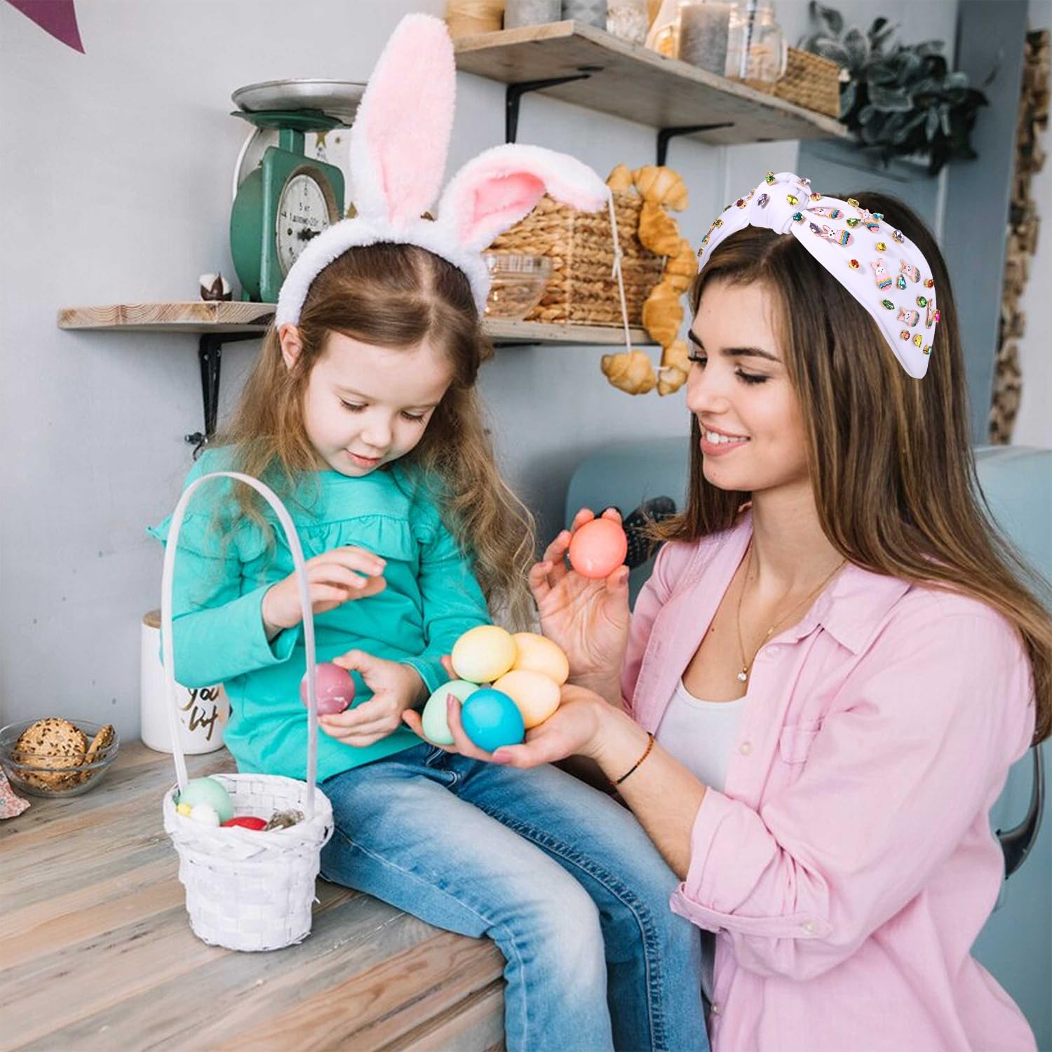 YAHPERN Easter Headband for Women Happy Knotted Embellished Rhinestone Crystal Wide Top Knot Headband Spring Holiday Accessories Easter Holiday Party Jewelry Gifts (Bunny 1) - Image 3