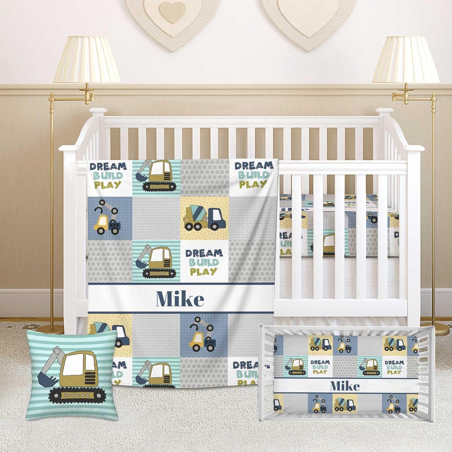 Custom Name Construction Baby Crib Bedding Set – 3 Pcs Personalized Nursery Set for Boys with Blanket, Sheet & Pillowcase – Soft Bedding for Newborns, Infants, Gift for Baby Showers