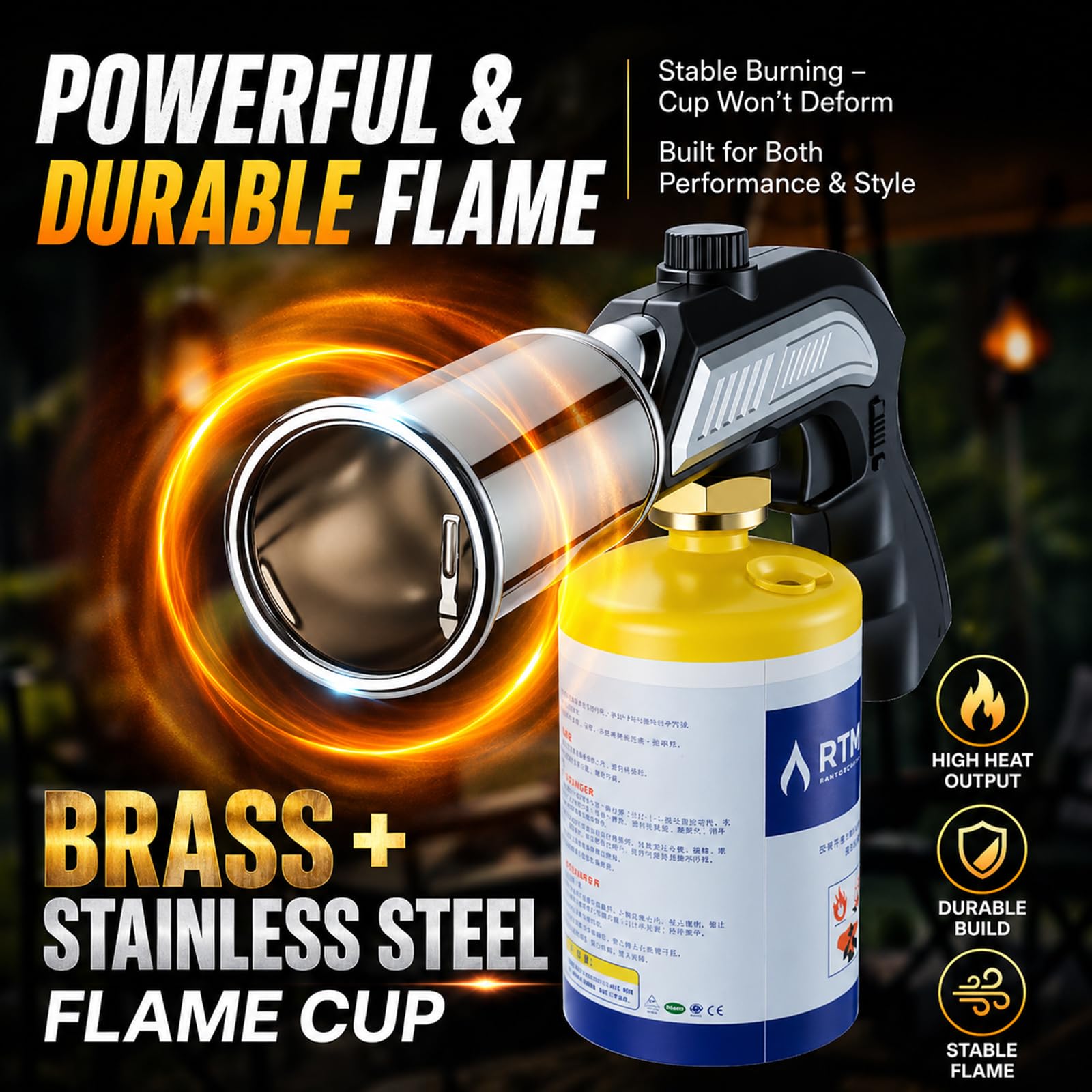Tête de torche au propane avec flamme réglable et verrouillage de sécurité – Brûleur de brasage robuste pour soudure, barbecue au charbon, allume-feu et cuisine culinaire (réservoir non inclus
