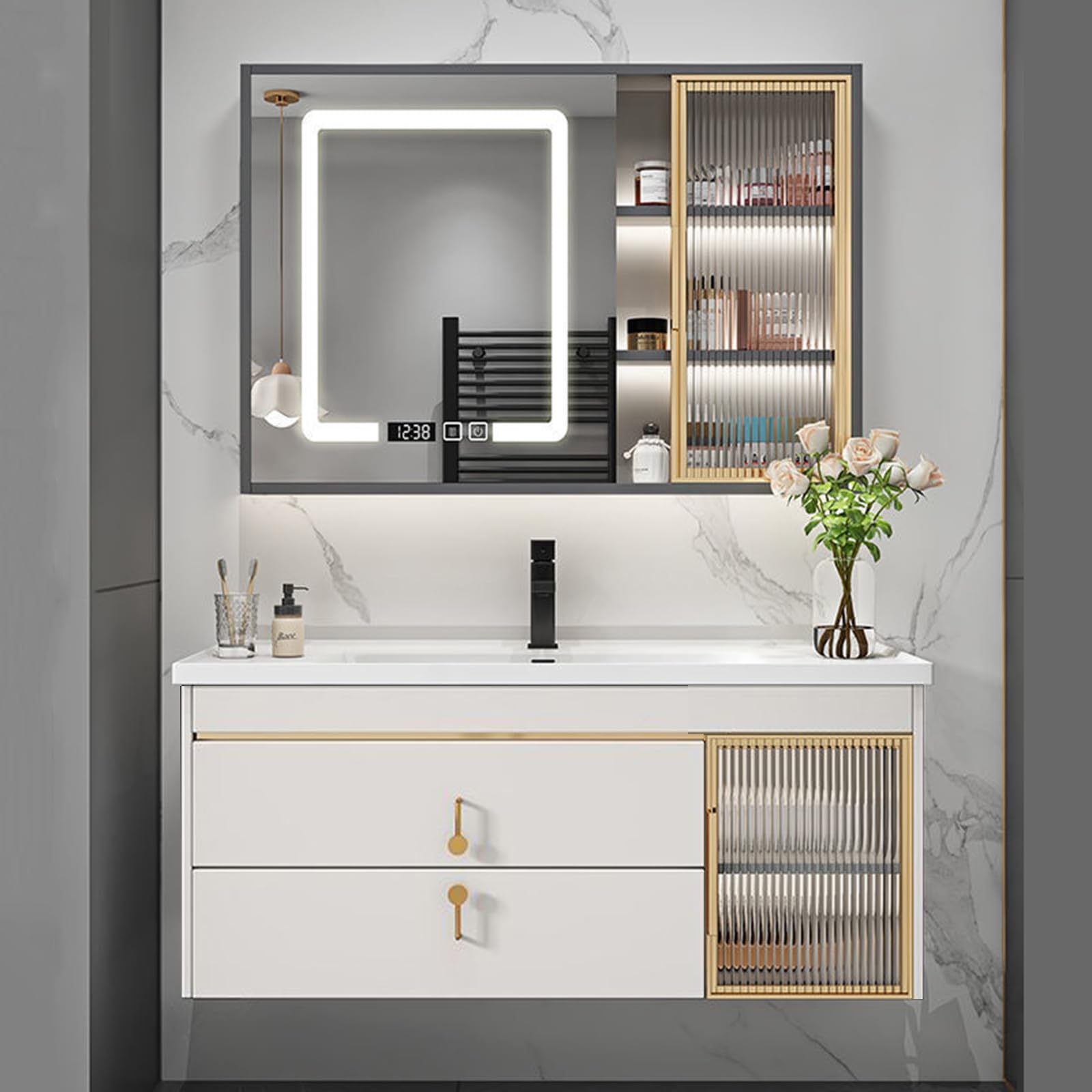 Set di Mobili da Bagno con Lavabo in Ceramica, Armadietto A Specchio, Set di Mobili da Bagno Lavabo con MobilettoWhite,90cm/36in