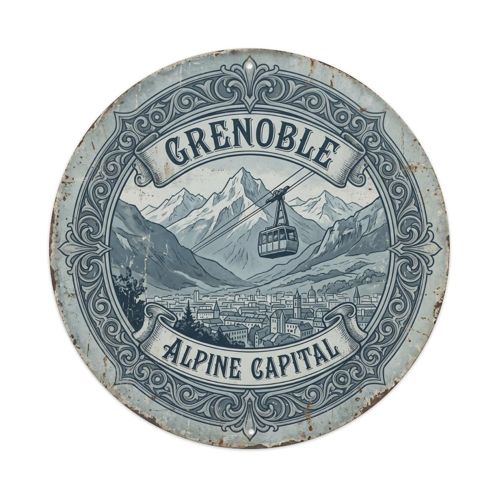 Vintage Travel Grenoble France Mountains Metal Tin Sign Plaque Wall Decor for Cafe, Club, Garden Round Metal Poster 8x8Inch