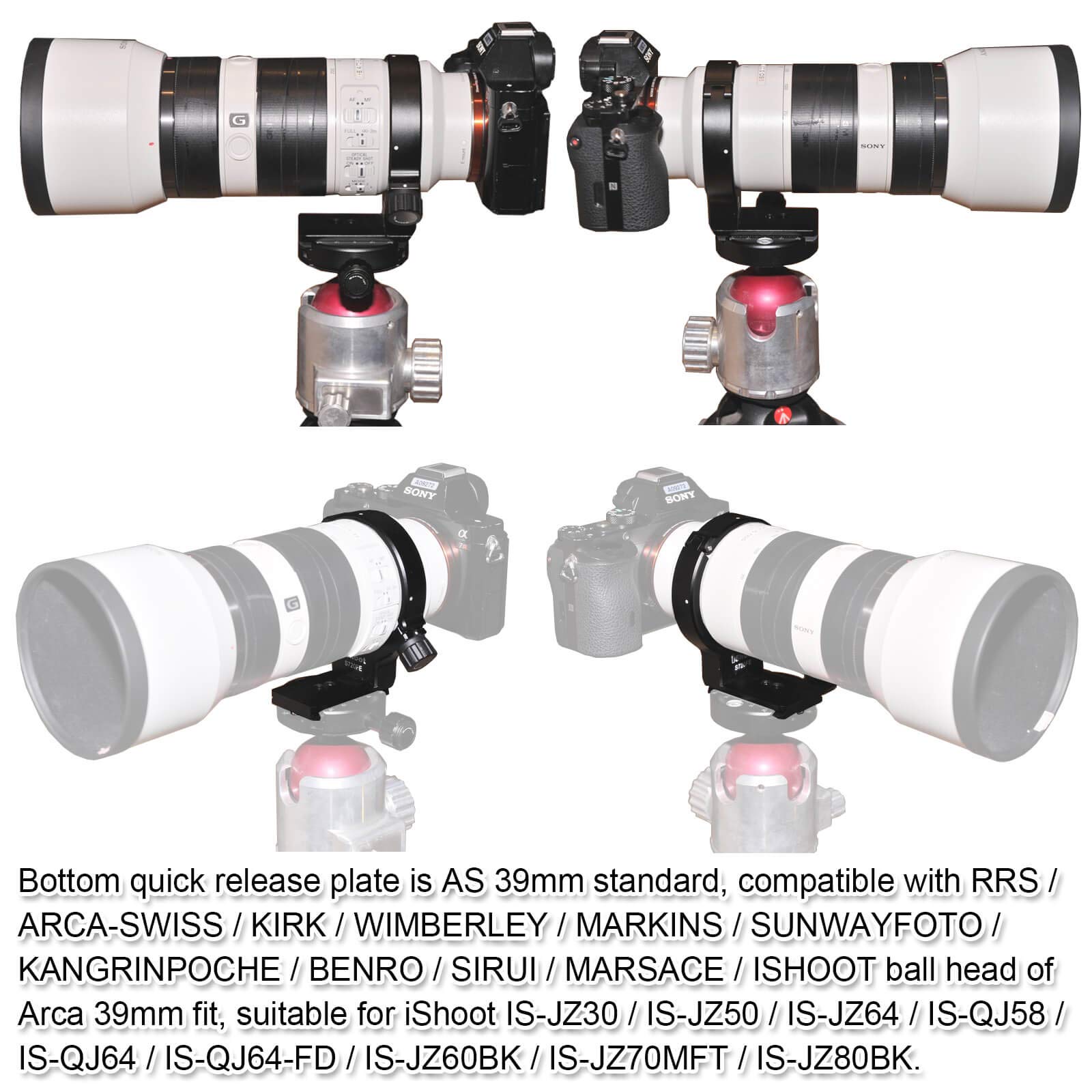 Anello di supporto per treppiedi per fotocamera Sony FE 70-200mm f/4G OSS SEL70200G, piastra a sgancio rapido con fori per viti da 1/4" e 3/8"