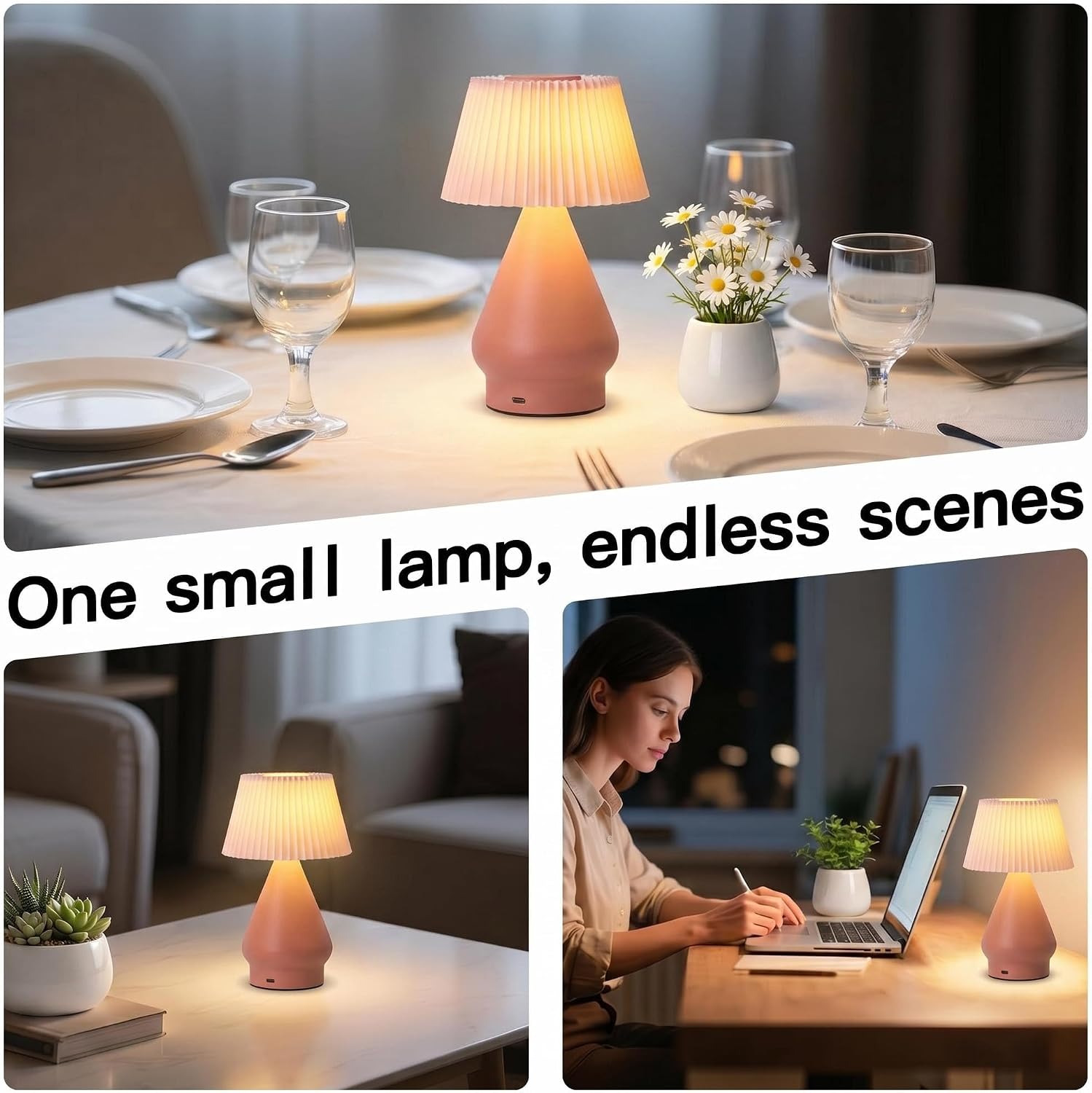 Cordless Rechargeable Small Pink Bedside Touch Table Lamp,Pleated Shade image 4